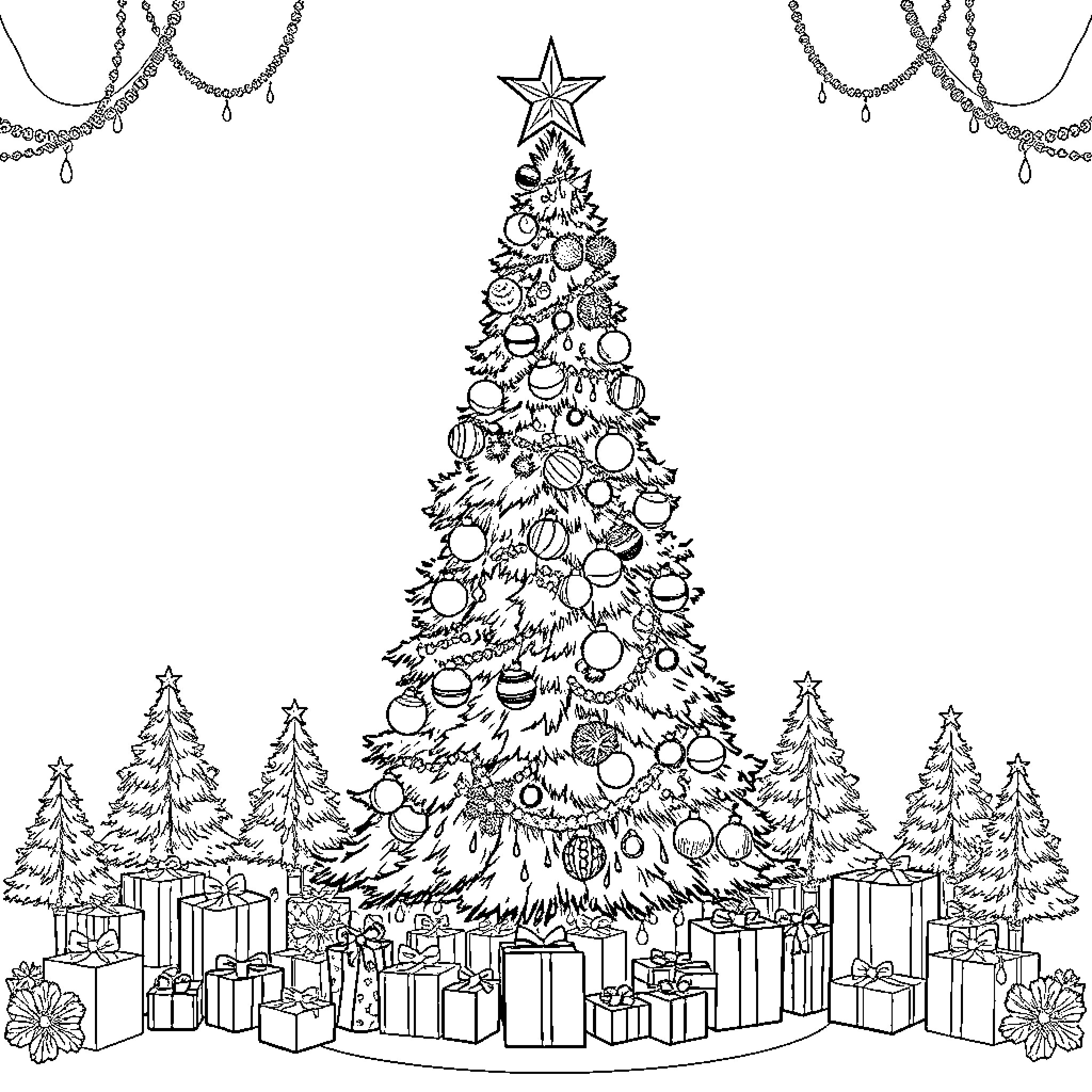 Christmas Tree decorated with ornaments and gifts beneath Coloring Page (free black-and-white line drawing printable PDF for all, from beginners to advanced learners, including children, teens, adults, and seniors)