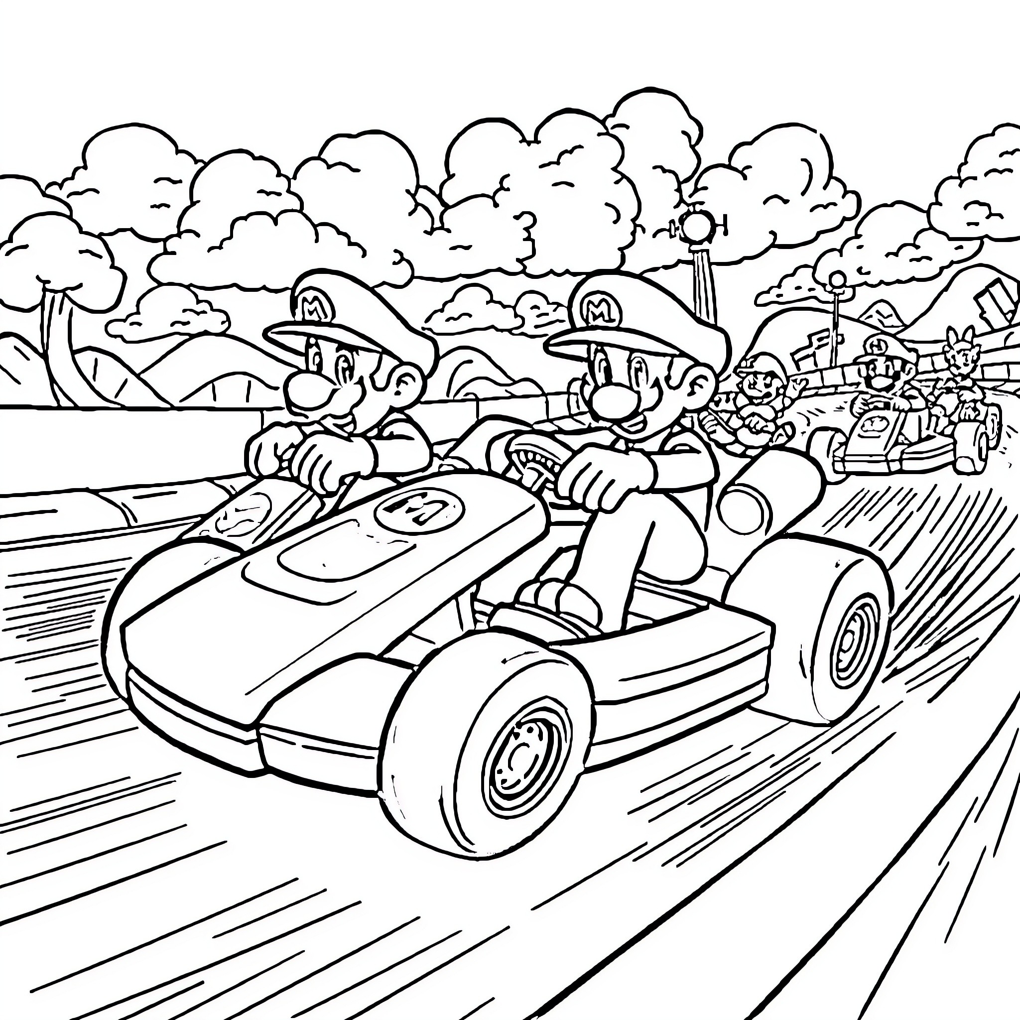 Mario Kart Racers Speeding Through the Track Coloring Page (free black-and-white line drawing printable PDF for all, from beginners to advanced learners, including children, teens, adults, and seniors)