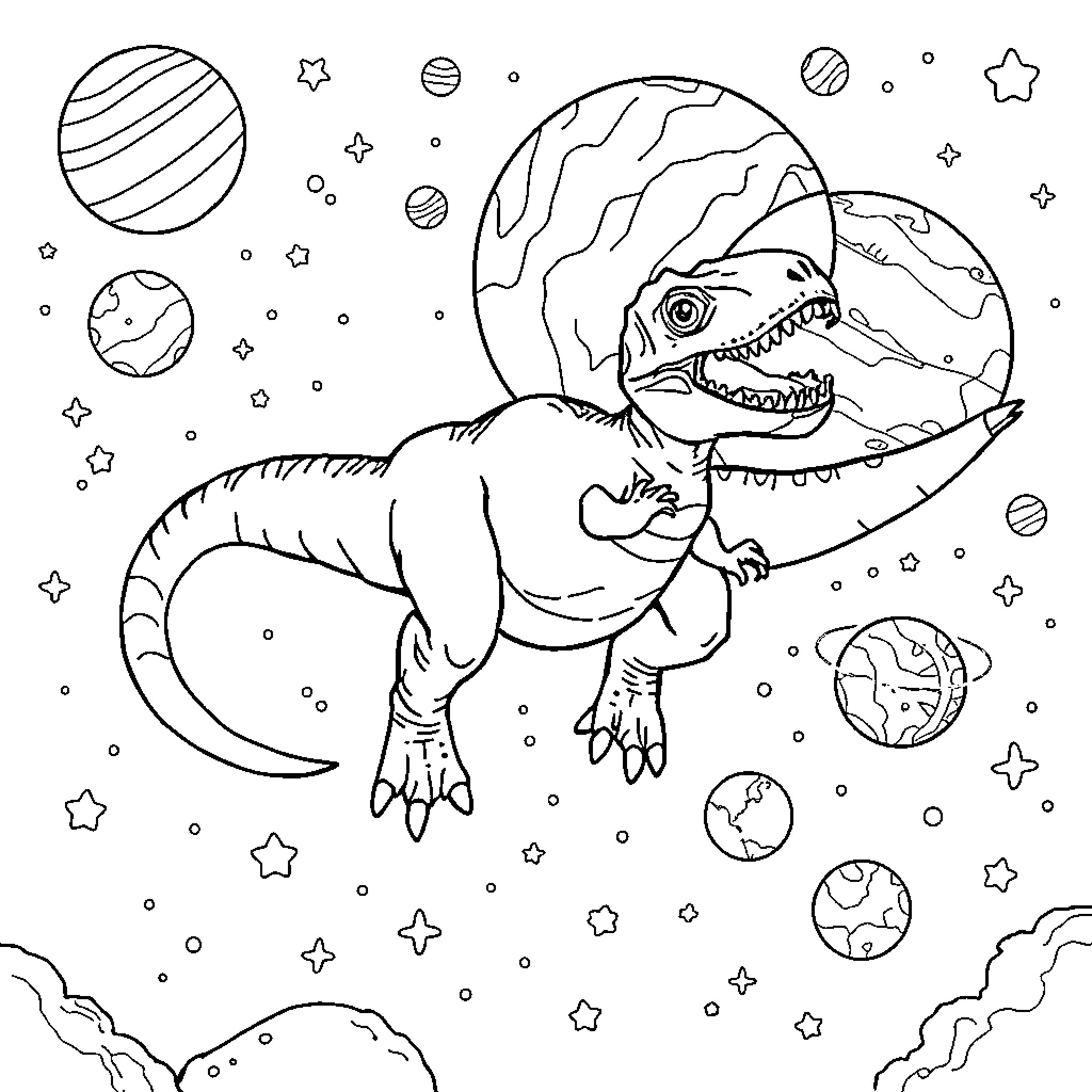 T-Rex Exploring the Cosmic Landscape Coloring Page (free black-and-white line drawing printable PDF for all, from beginners to advanced learners, including children, teens, adults, and seniors)