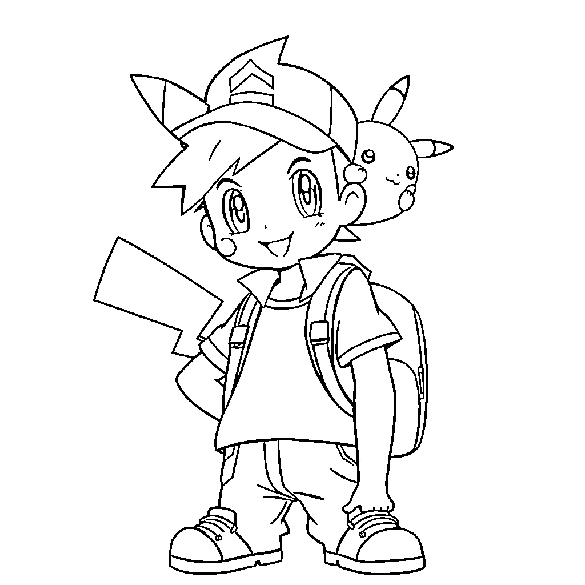 Ash and Pikachu's Animated Adventure Coloring Page (free black-and-white line drawing printable PDF for all, from beginners to advanced learners, including children, teens, adults, and seniors)