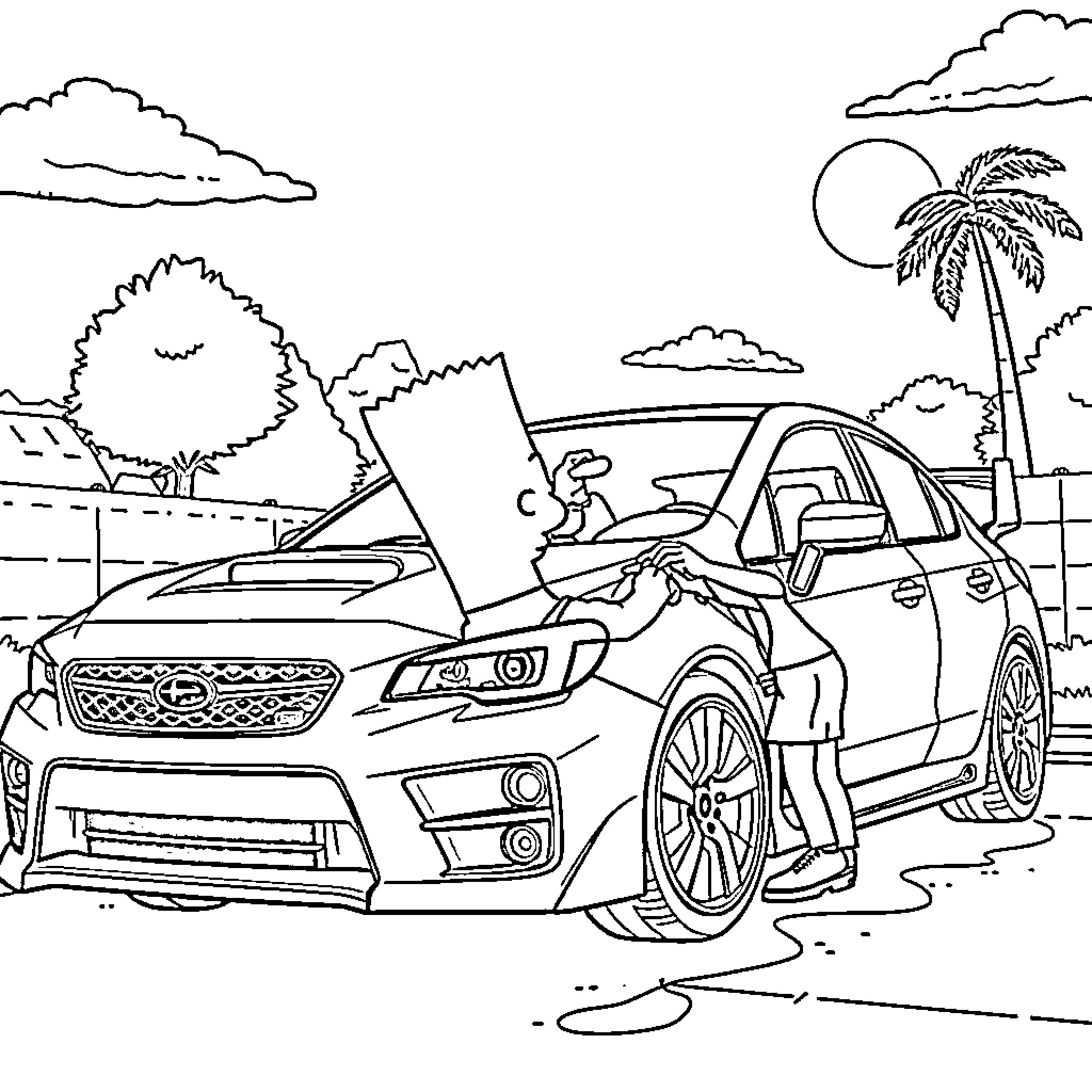 Bart Simpson enjoys a tropical road trip Coloring Page (free black-and-white line drawing printable PDF for all, from beginners to advanced learners, including children, teens, adults, and seniors)