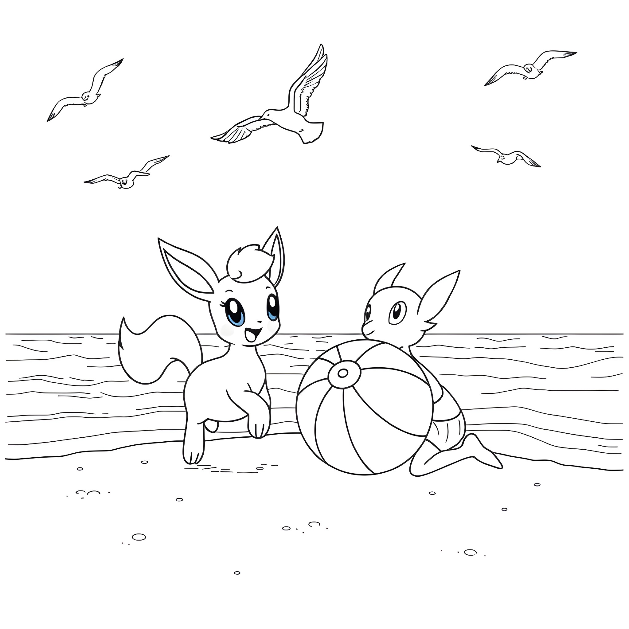 Evee playing with beach ball by the sea Coloring Page (free black-and-white line drawing printable PDF for all, from beginners to advanced learners, including children, teens, adults, and seniors)