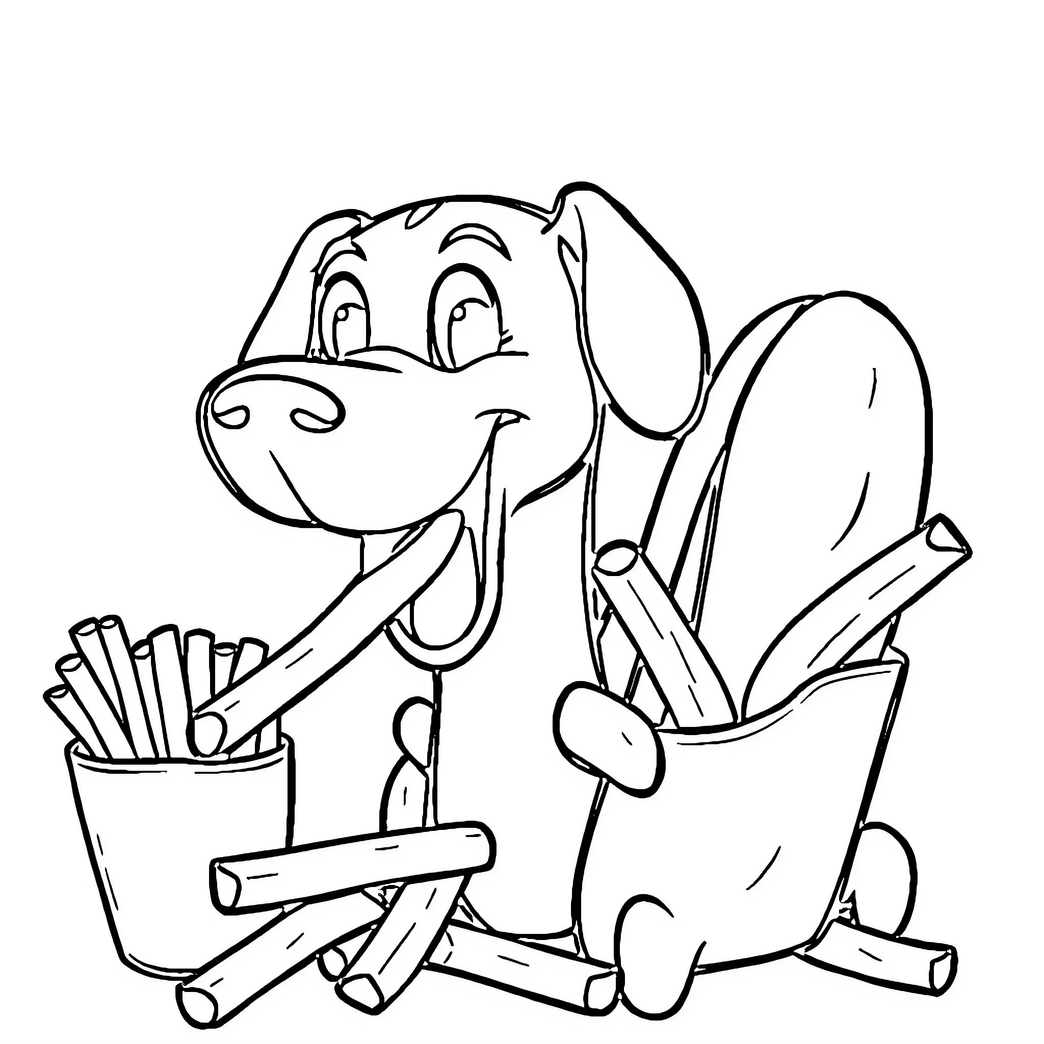 Wiener Dog with Playful Accessories Coloring Page (free black-and-white line drawing printable PDF for all, from beginners to advanced learners, including children, teens, adults, and seniors)