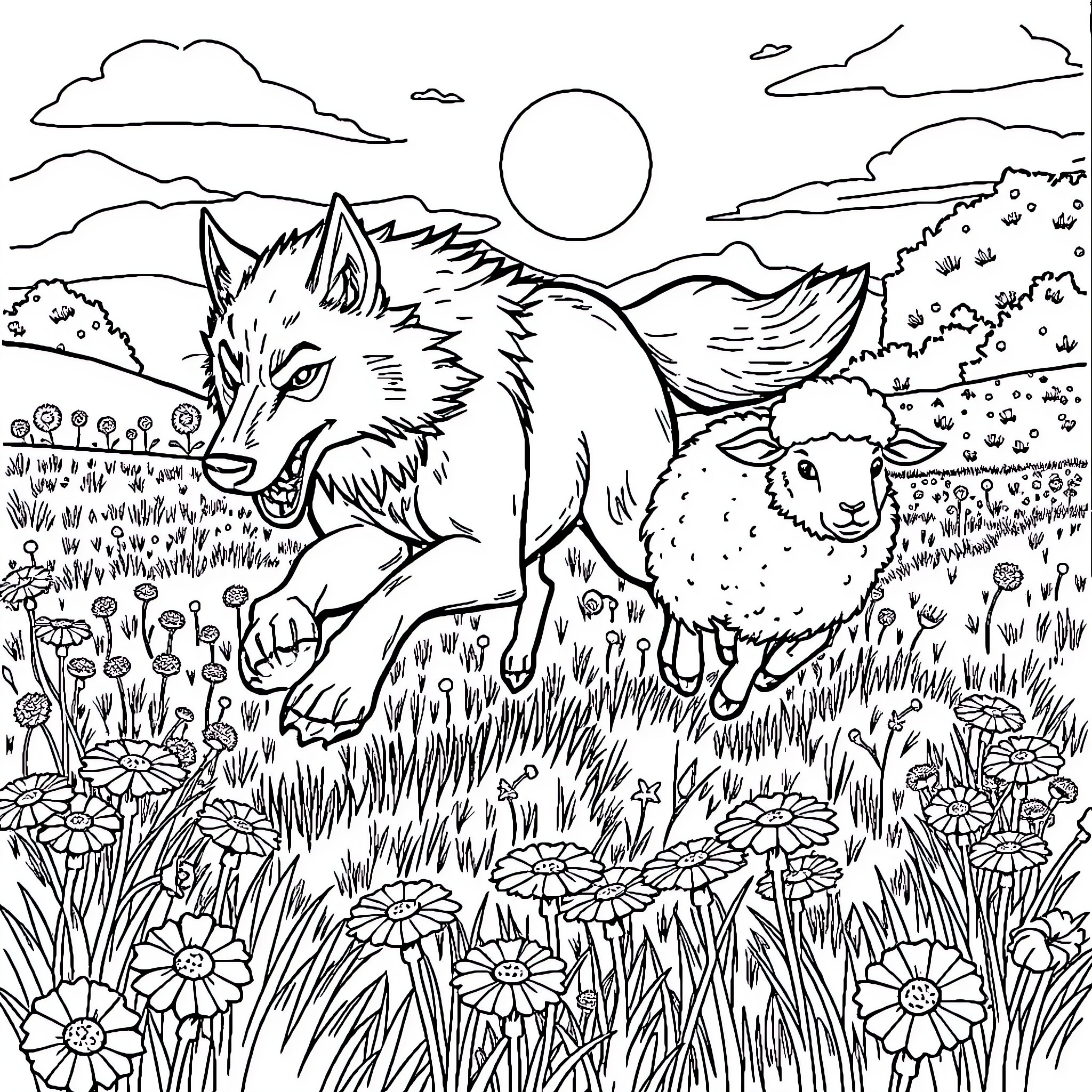 Wolf hunting in the pastoral landscape Coloring Page (free black-and-white line drawing printable PDF for all, from beginners to advanced learners, including children, teens, adults, and seniors)