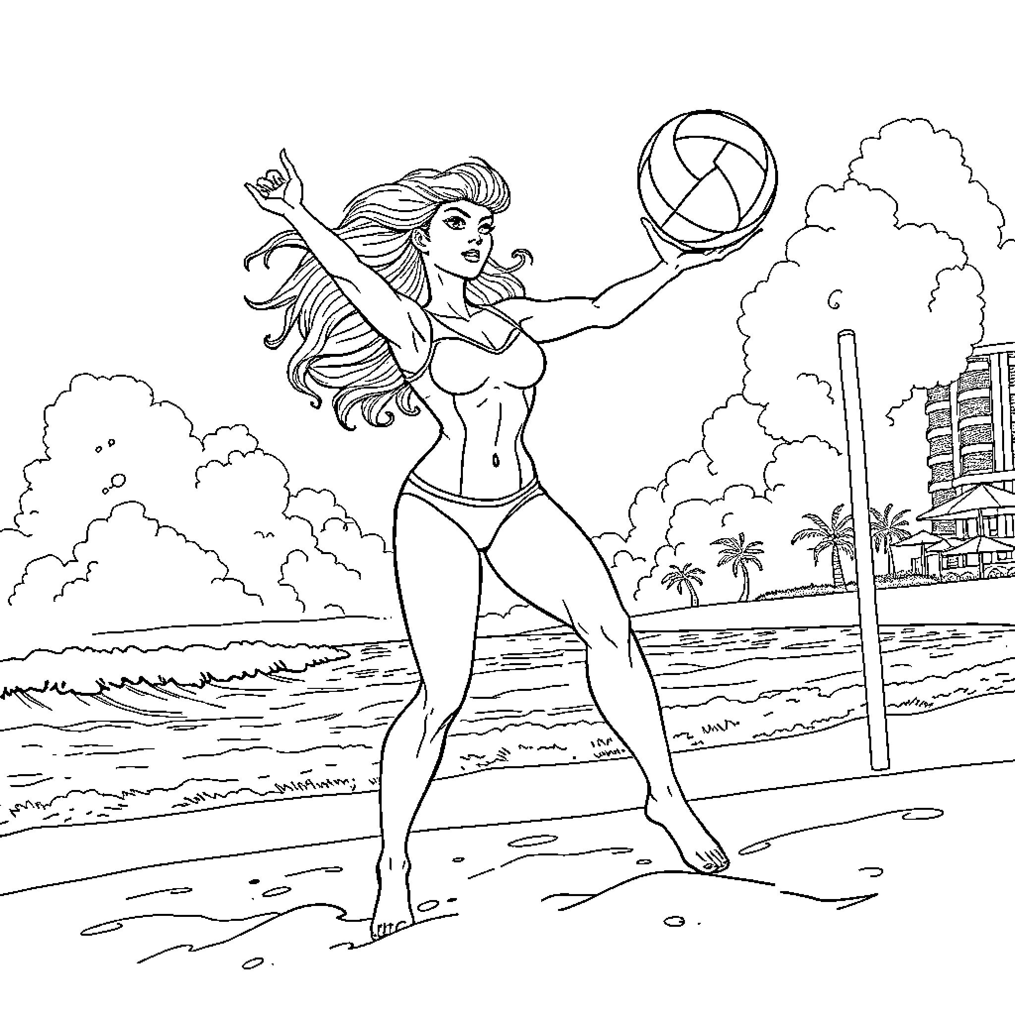 Power Girl playing volleyball on the beach Coloring Page (free black-and-white line drawing printable PDF for all, from beginners to advanced learners, including children, teens, adults, and seniors)