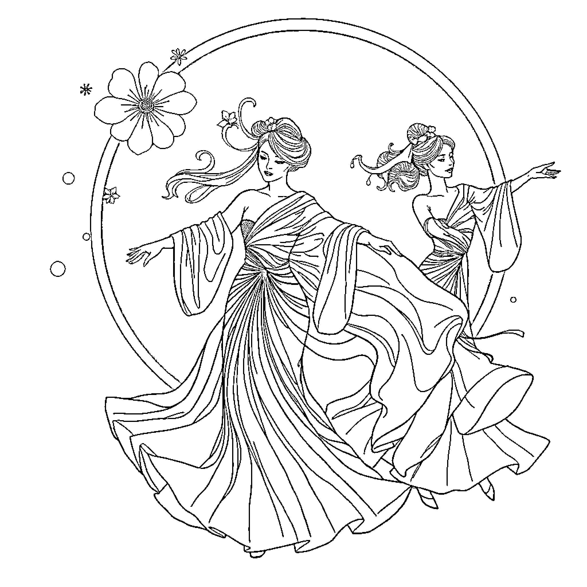 Silksong: Dancers in Elegant Attire Coloring Page (free black-and-white line drawing printable PDF for all, from beginners to advanced learners, including children, teens, adults, and seniors)