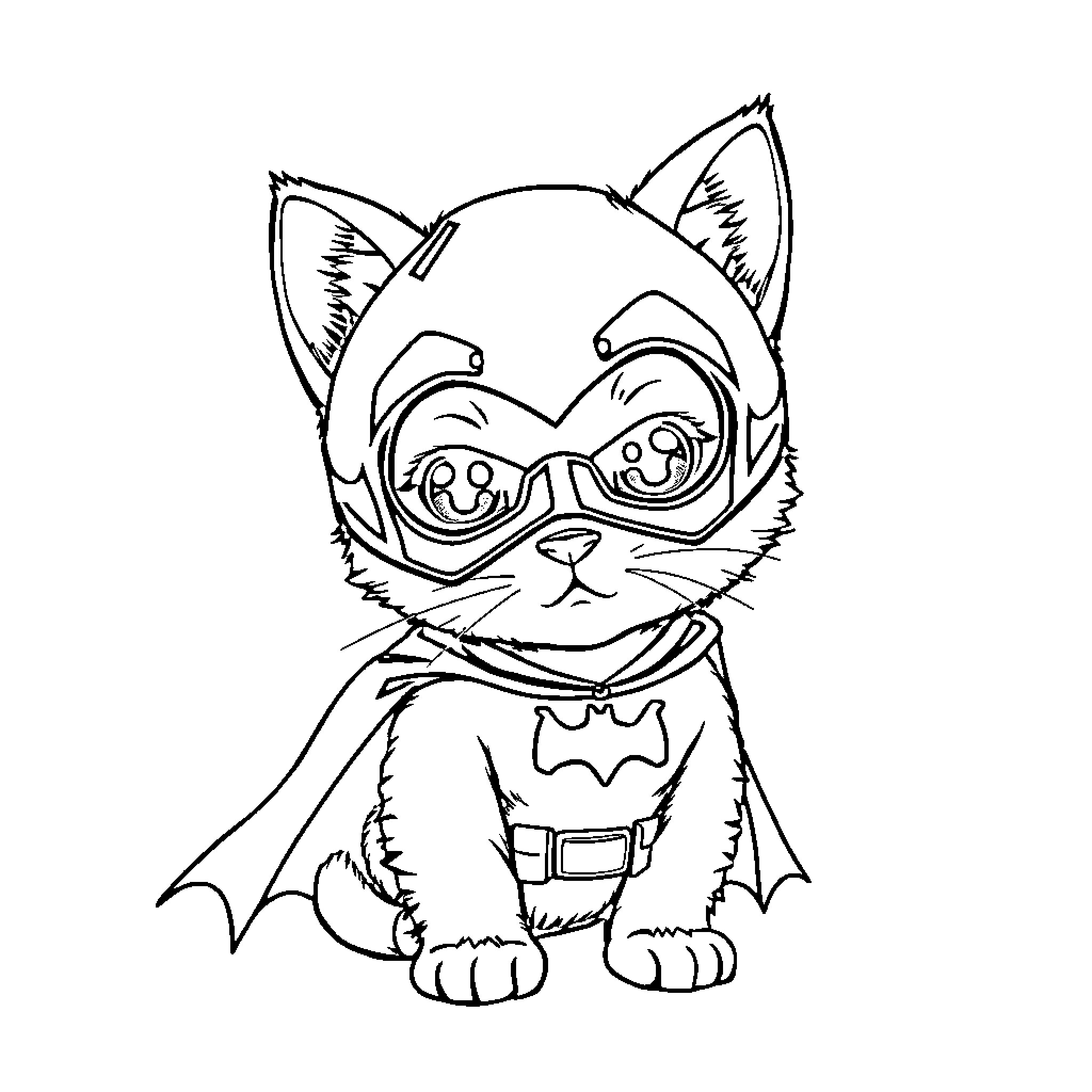 Batman Kitty in Superhero Costume Coloring Page (free black-and-white line drawing printable PDF for all, from beginners to advanced learners, including children, teens, adults, and seniors)