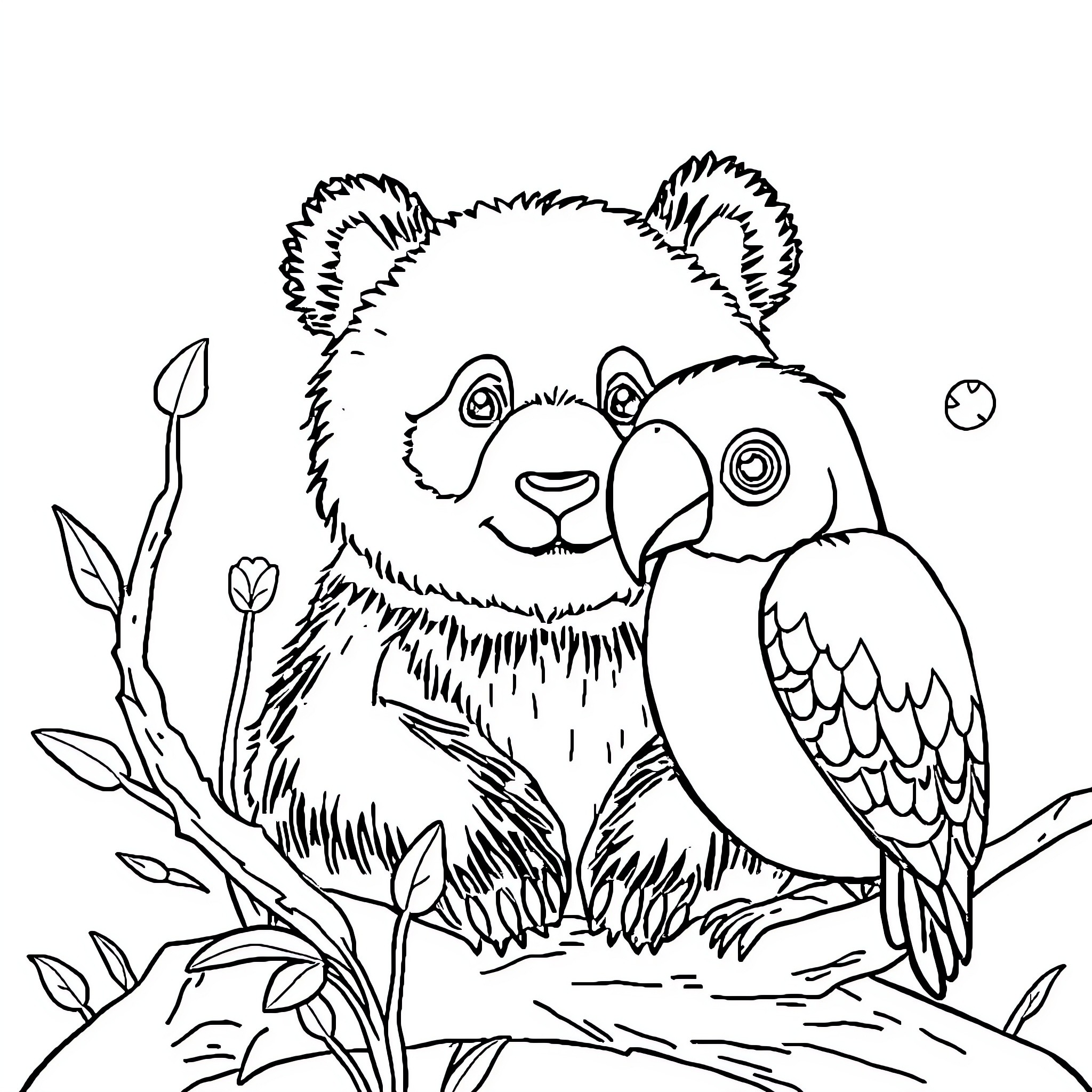 Panda cuddling with a colorful parrot Coloring Page (free black-and-white line drawing printable PDF for all, from beginners to advanced learners, including children, teens, adults, and seniors)