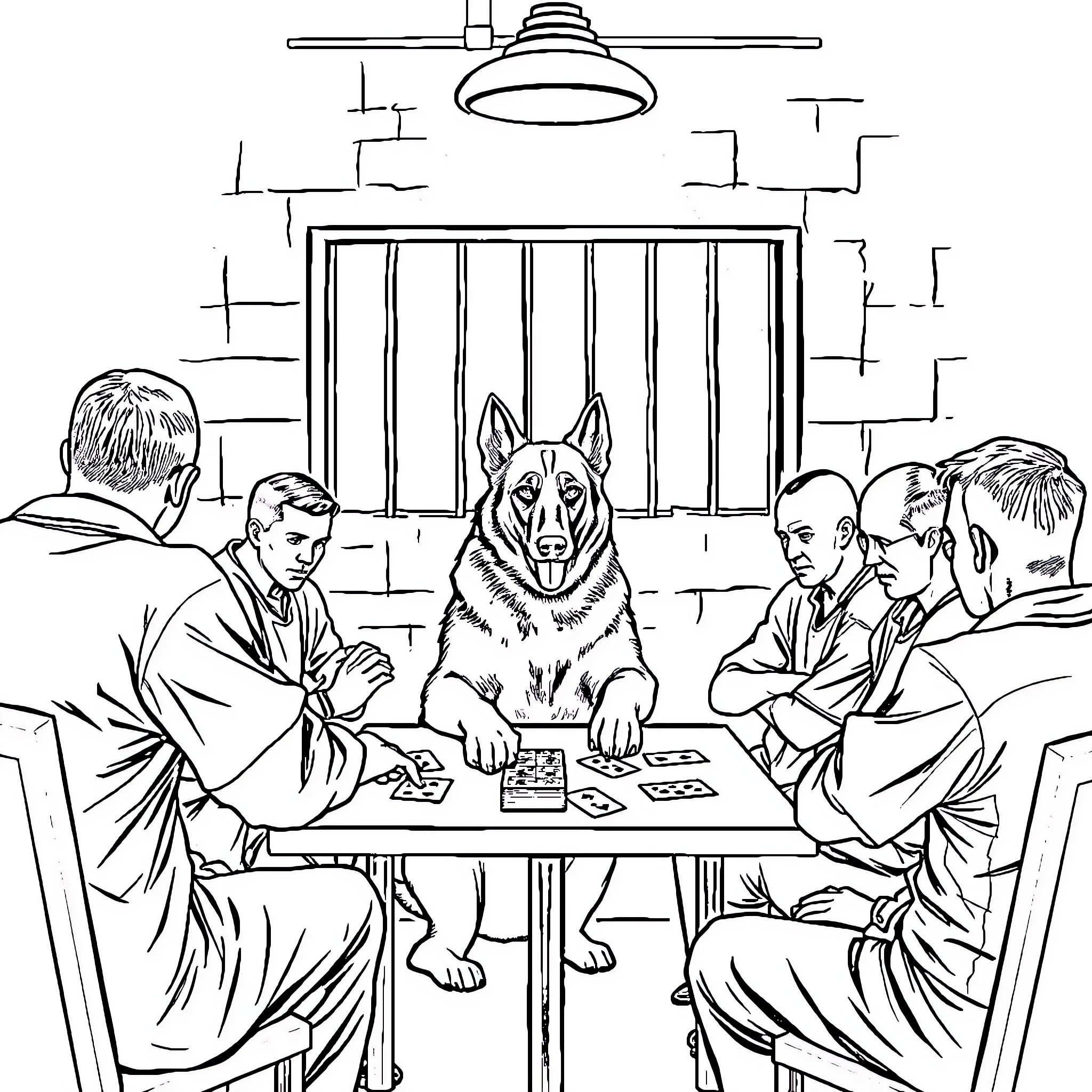 German Shepherd playing cards with businessmen in office Coloring Page (free black-and-white line drawing printable PDF for all, from beginners to advanced learners, including children, teens, adults, and seniors)