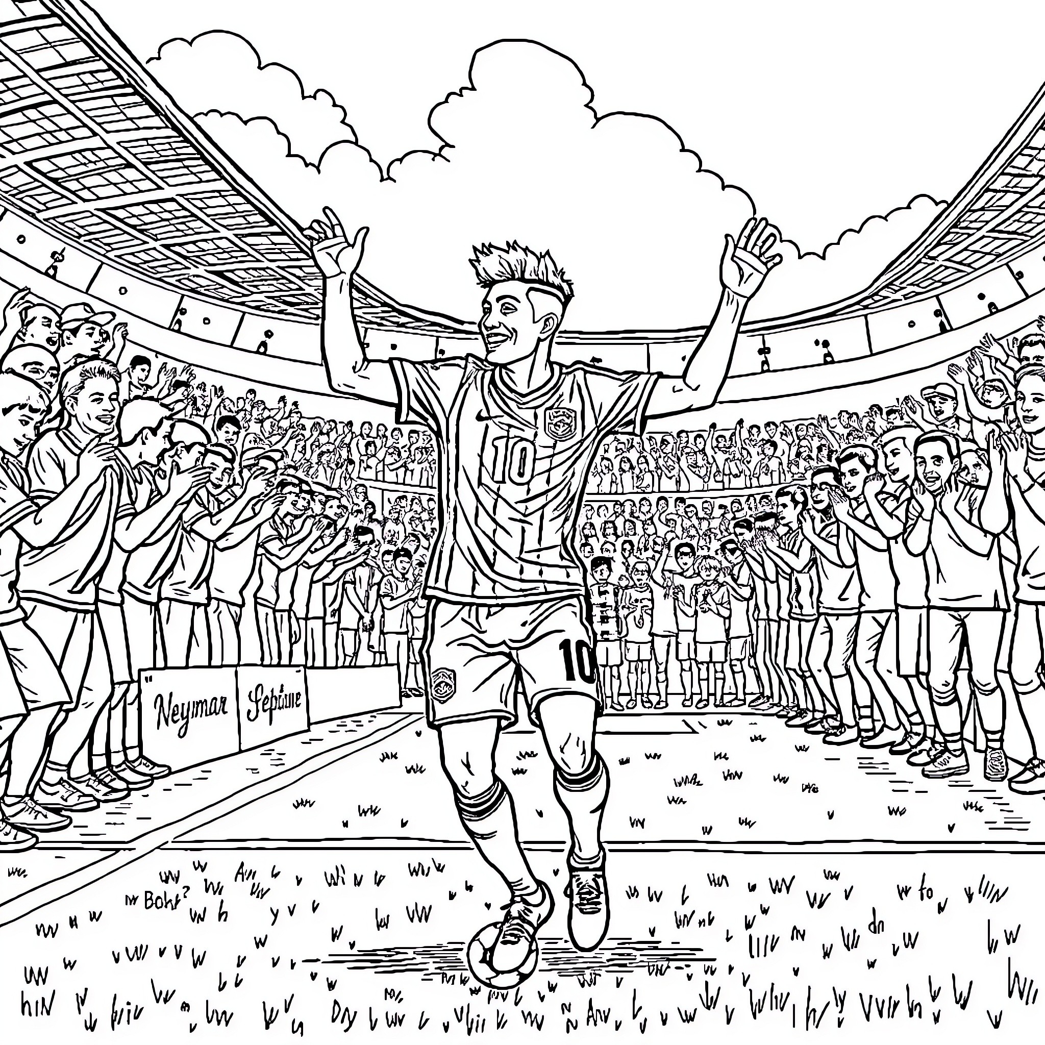 Neymar celebrating after scoring a goal on the field Coloring Page (free black-and-white line drawing printable PDF for all, from beginners to advanced learners, including children, teens, adults, and seniors)