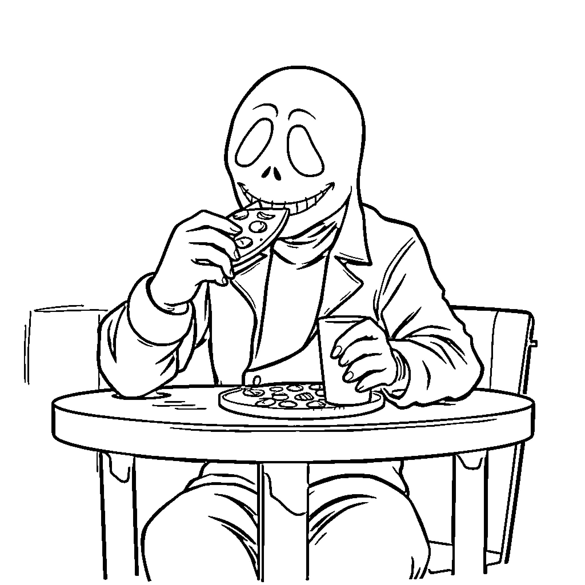 Ghostface enjoying a meal at the table Coloring Page (free black-and-white line drawing printable PDF for all, from beginners to advanced learners, including children, teens, adults, and seniors)
