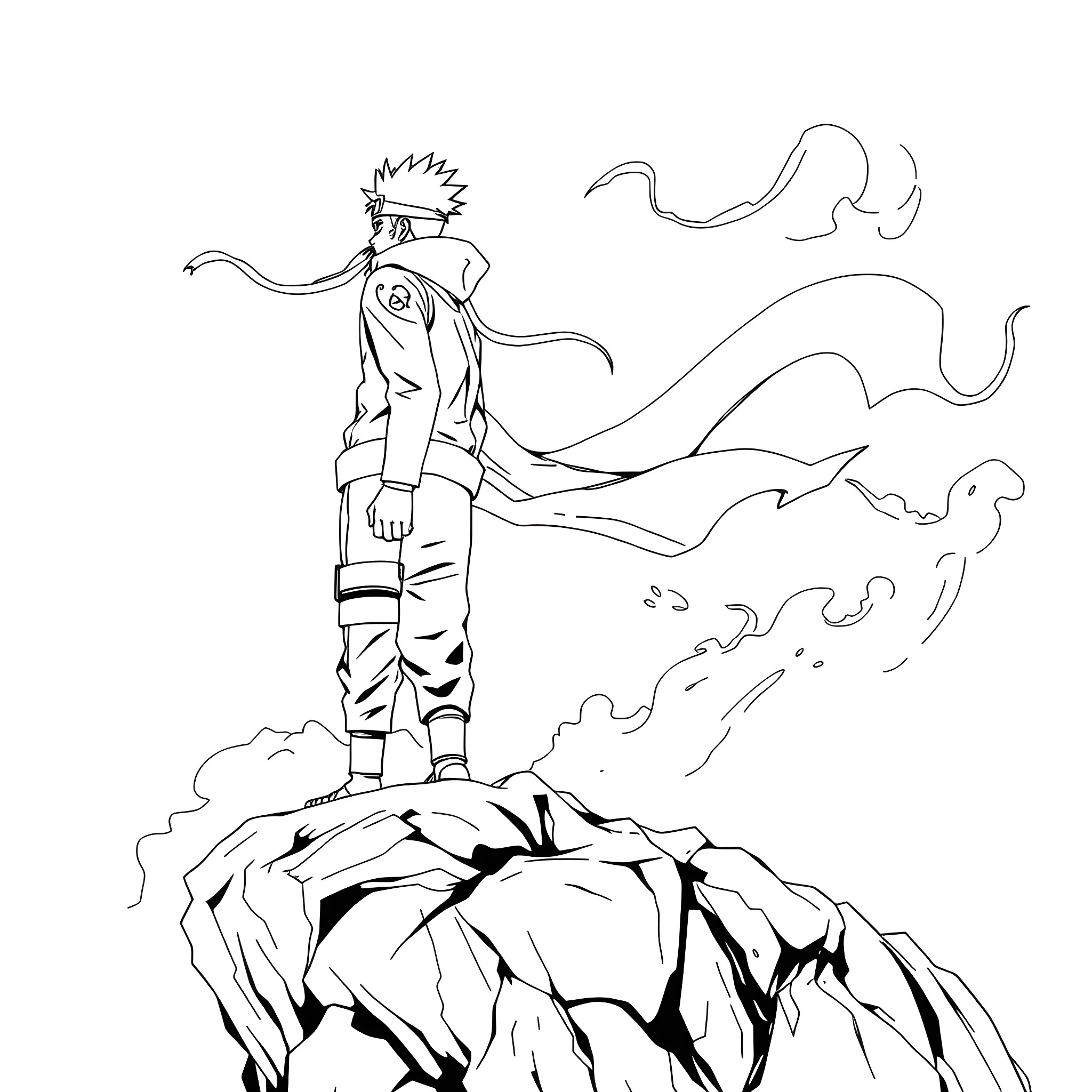 Naruto, the Ninja, Stands Atop the Rocky Cliffs Coloring Page (free black-and-white line drawing printable PDF for all, from beginners to advanced learners, including children, teens, adults, and seniors)