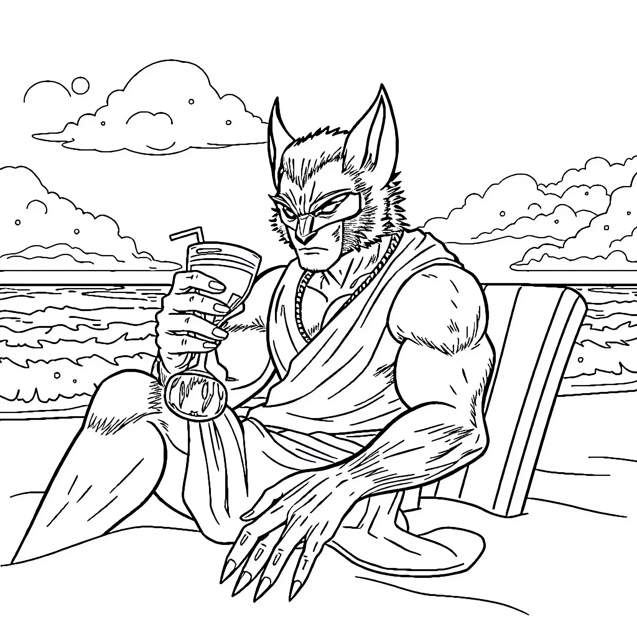Wolverine brooding by the sea Coloring Page (free black-and-white line drawing printable PDF for all, from beginners to advanced learners, including children, teens, adults, and seniors)