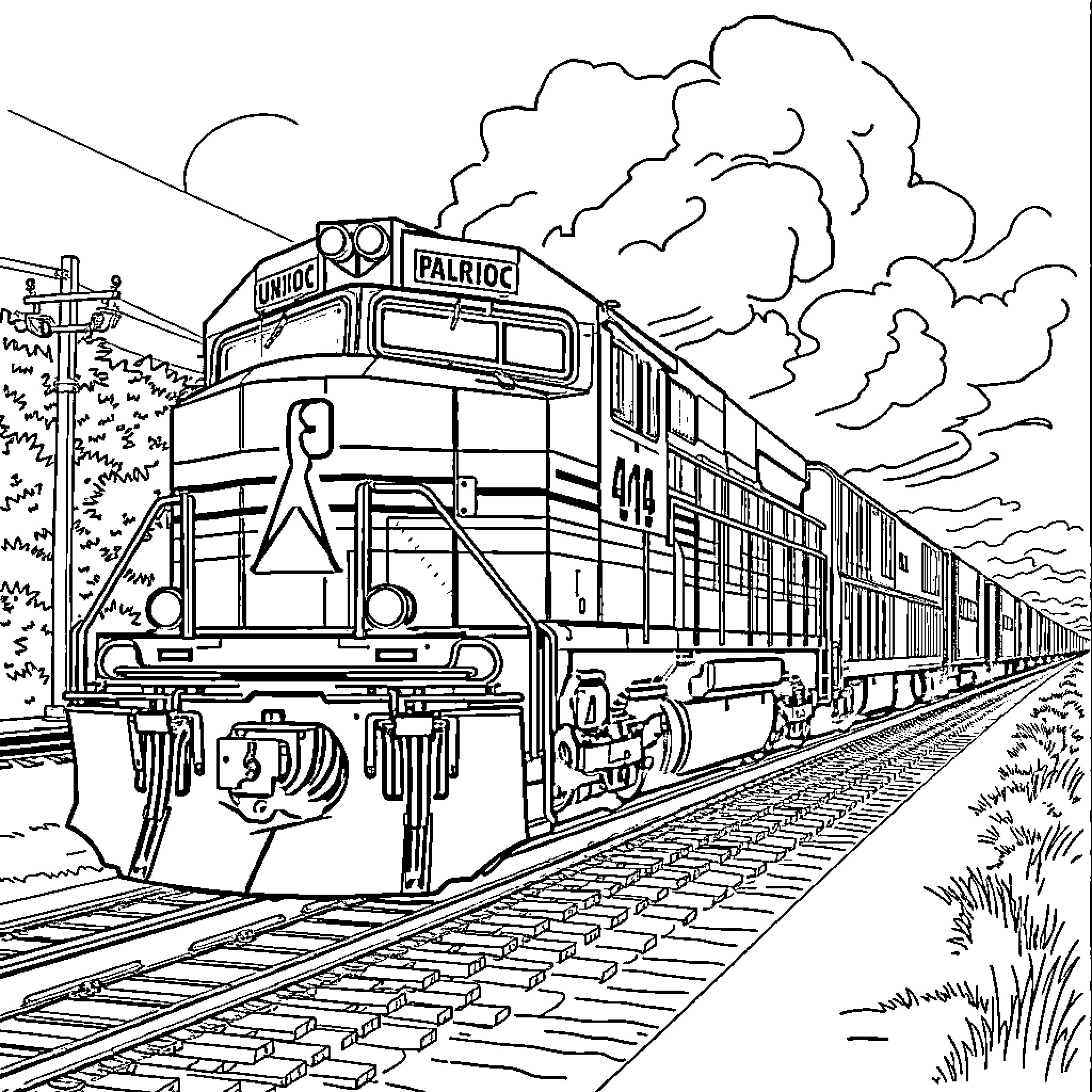 Train Speeding Through Countryside Landscape Coloring Page (free black-and-white line drawing printable PDF for all, from beginners to advanced learners, including children, teens, adults, and seniors)