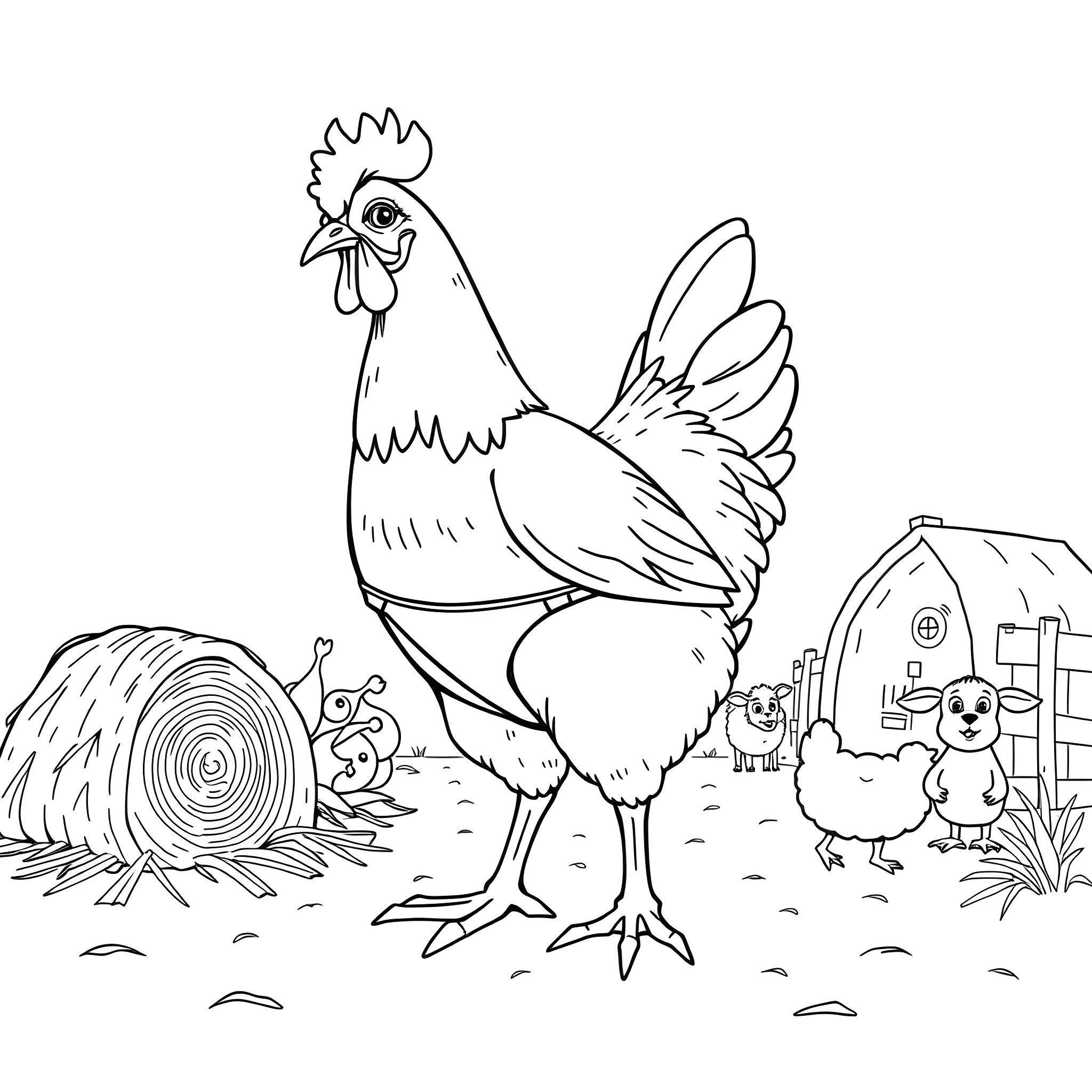 Chicken strutting in the farmyard Coloring Page (free black-and-white line drawing printable PDF for all, from beginners to advanced learners, including children, teens, adults, and seniors)