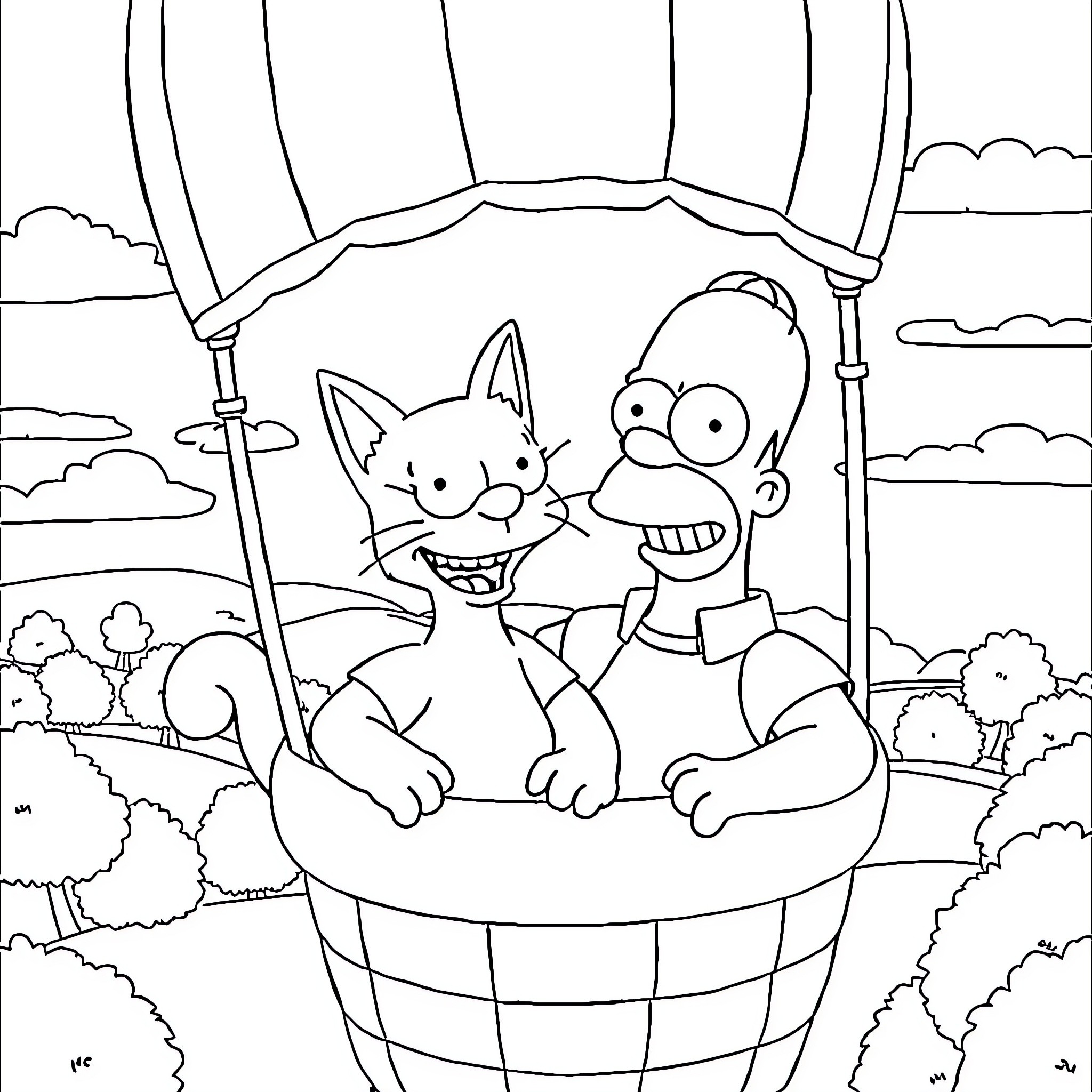Cheshire Cat and Homer Simpson in Hot Air Balloon Coloring Page (free black-and-white line drawing printable PDF for all, from beginners to advanced learners, including children, teens, adults, and seniors)