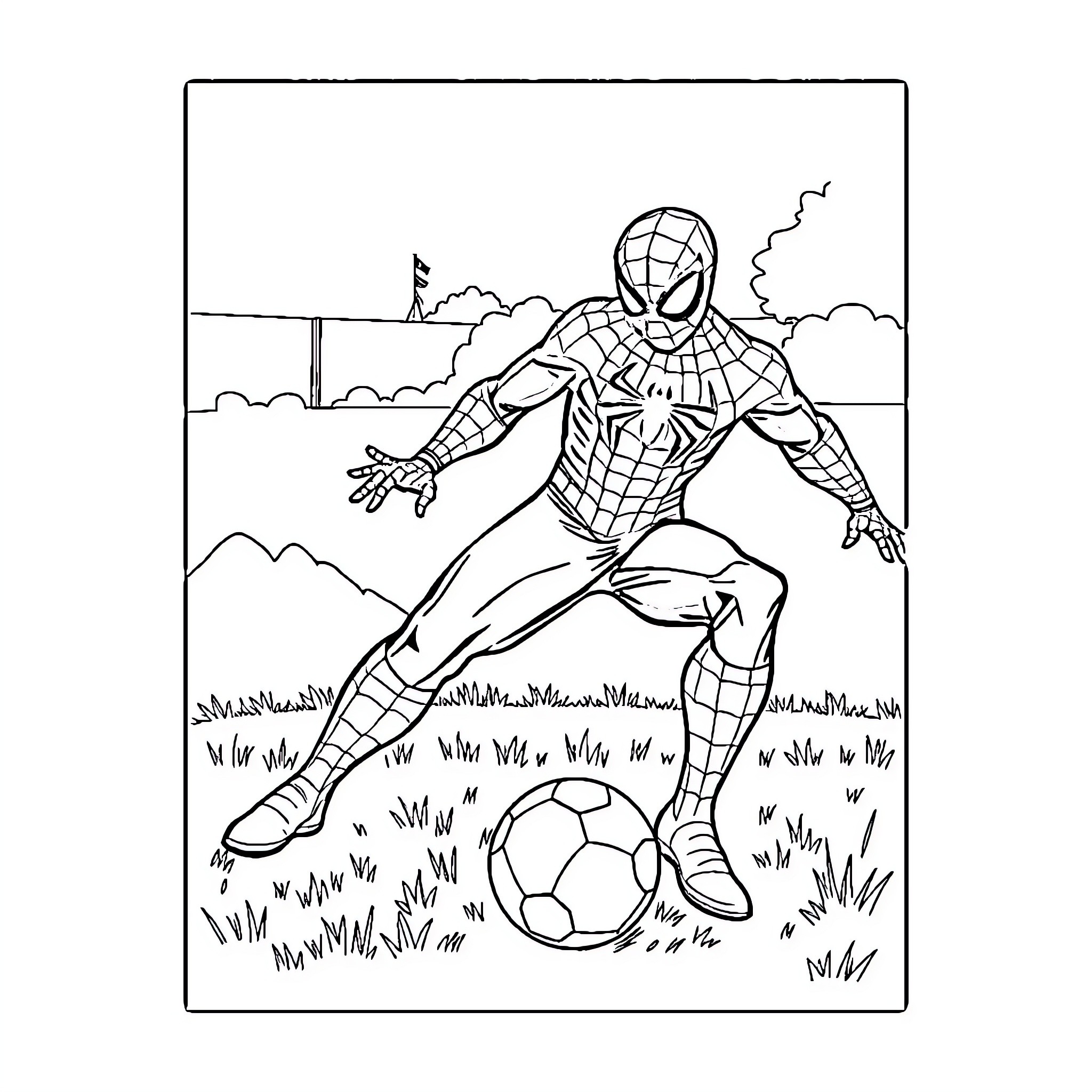 Spiderman playing soccer in the park Coloring Page (free black-and-white line drawing printable PDF for all, from beginners to advanced learners, including children, teens, adults, and seniors)