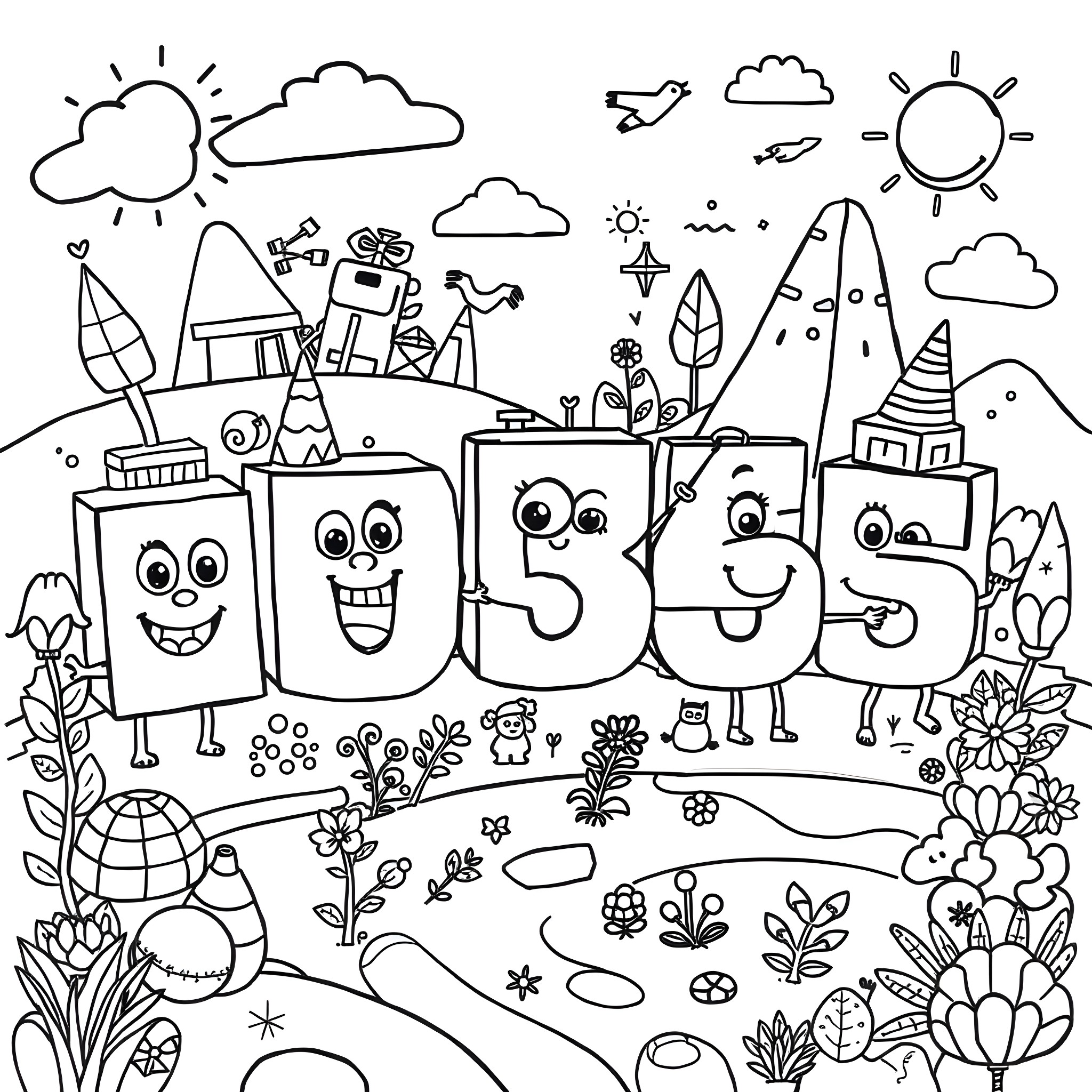 Number Block Characters in Whimsical Landscape Coloring Page (free black-and-white line drawing printable PDF for all, from beginners to advanced learners, including children, teens, adults, and seniors)
