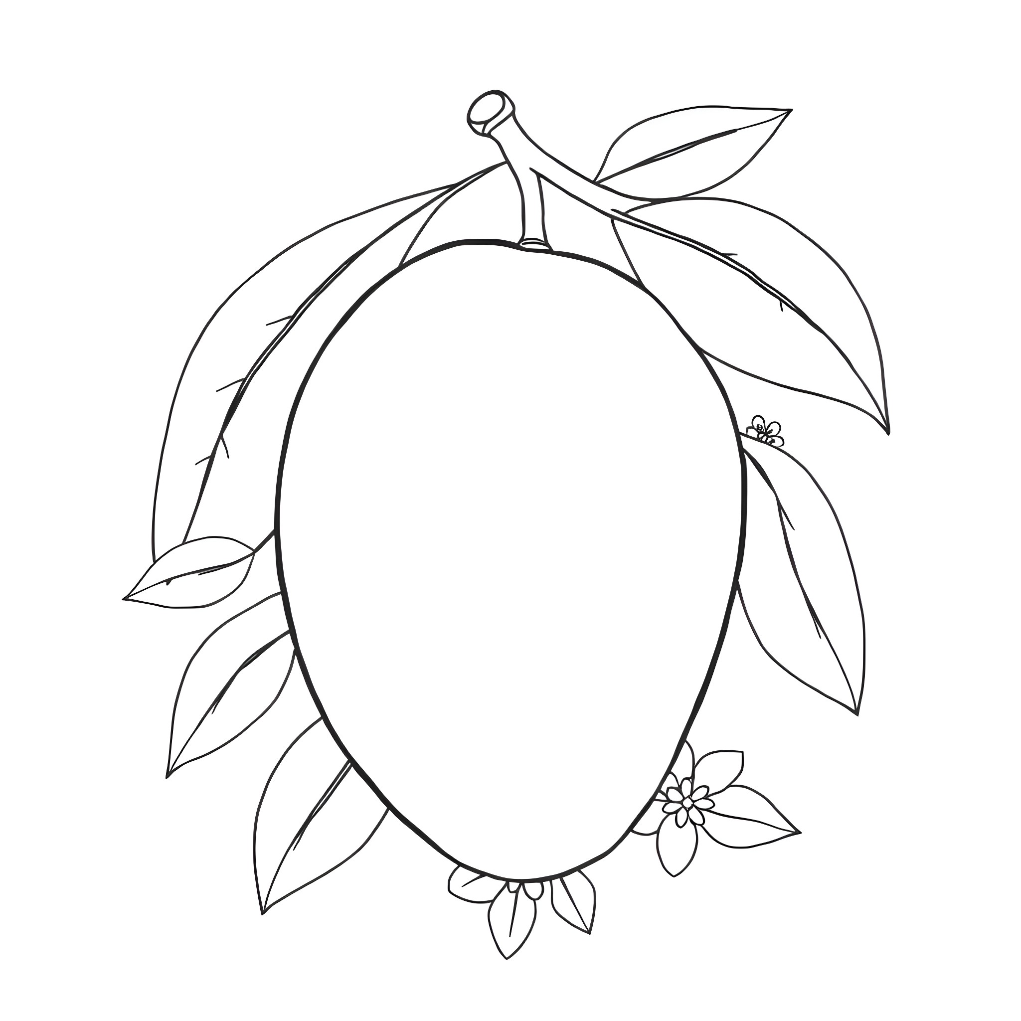 Mango with leaves and flowers Coloring Page (free black-and-white line drawing printable PDF for all, from beginners to advanced learners, including children, teens, adults, and seniors)