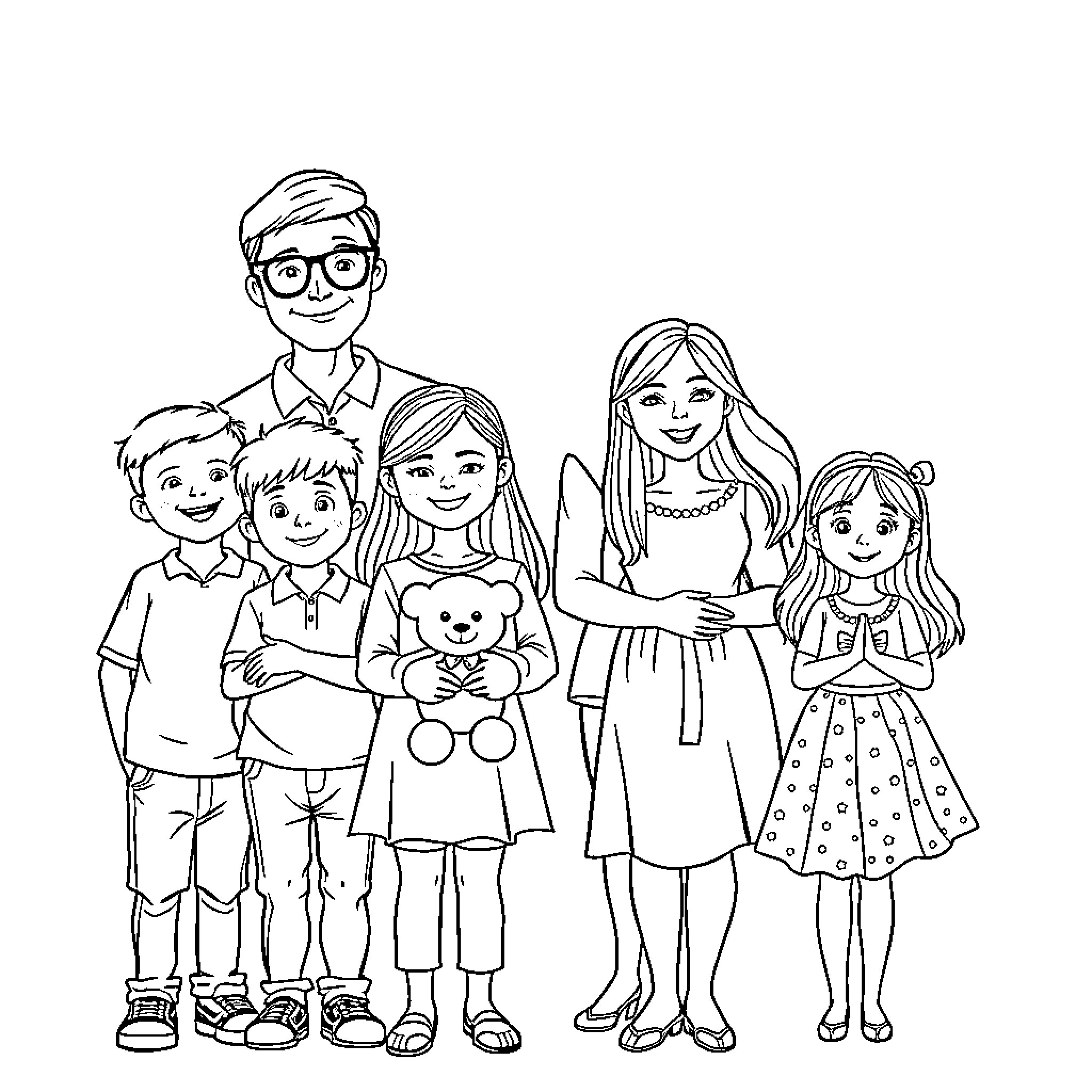 Family happily together in casual outfits Coloring Page (free black-and-white line drawing printable PDF for all, from beginners to advanced learners, including children, teens, adults, and seniors)