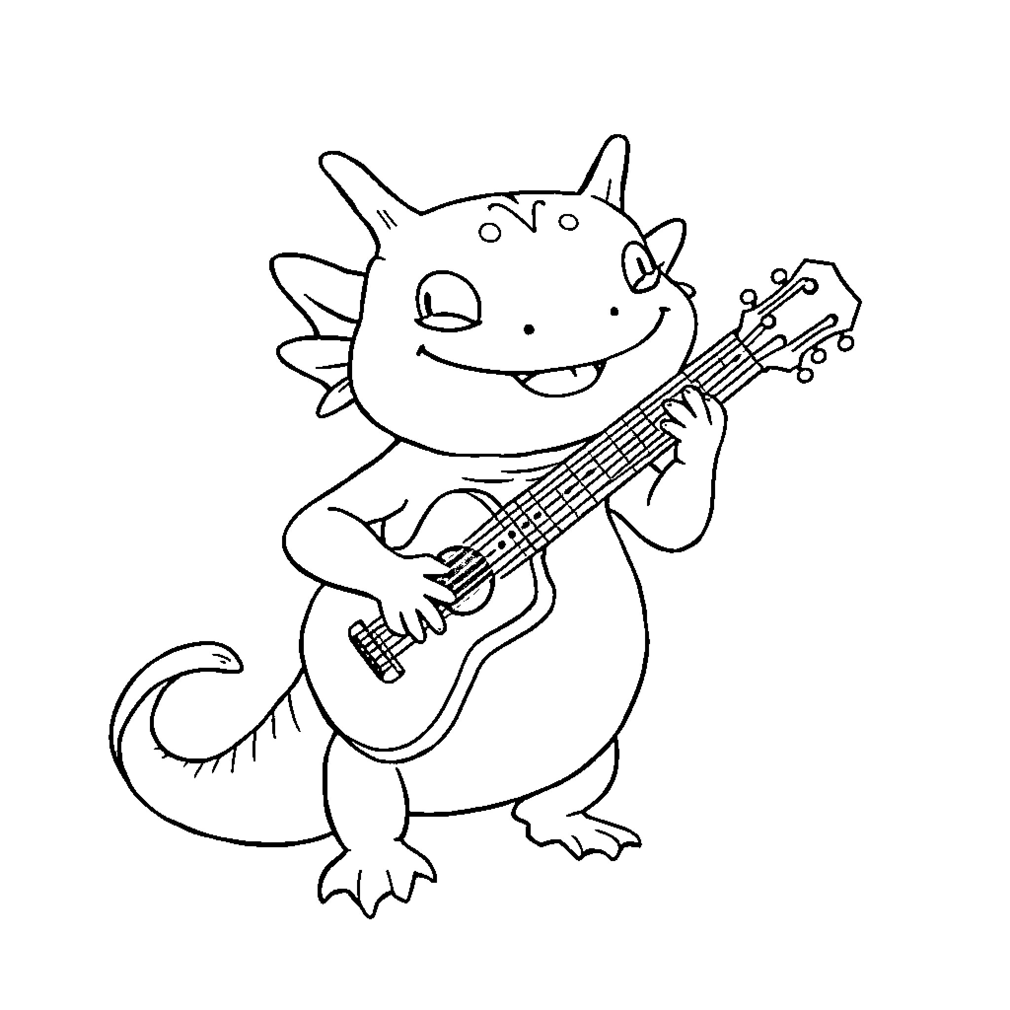 Axolotl playing a guitar happily Coloring Page (free black-and-white line drawing printable PDF for all, from beginners to advanced learners, including children, teens, adults, and seniors)