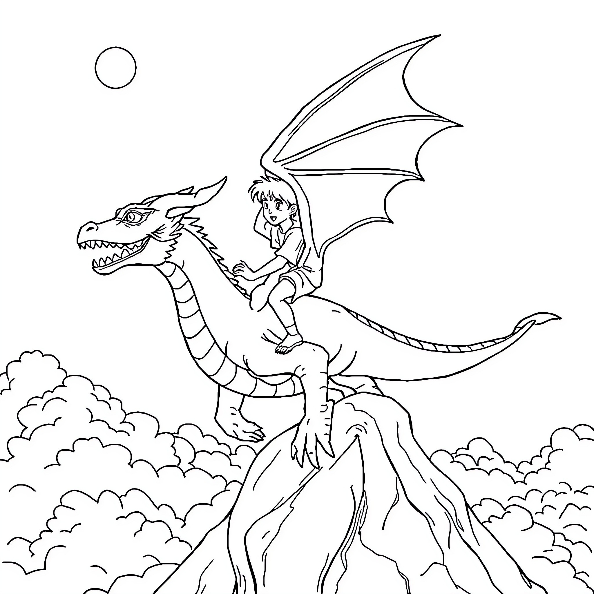 Boy riding a dragon above the clouds Coloring Page (free black-and-white line drawing printable PDF for all, from beginners to advanced learners, including children, teens, adults, and seniors)