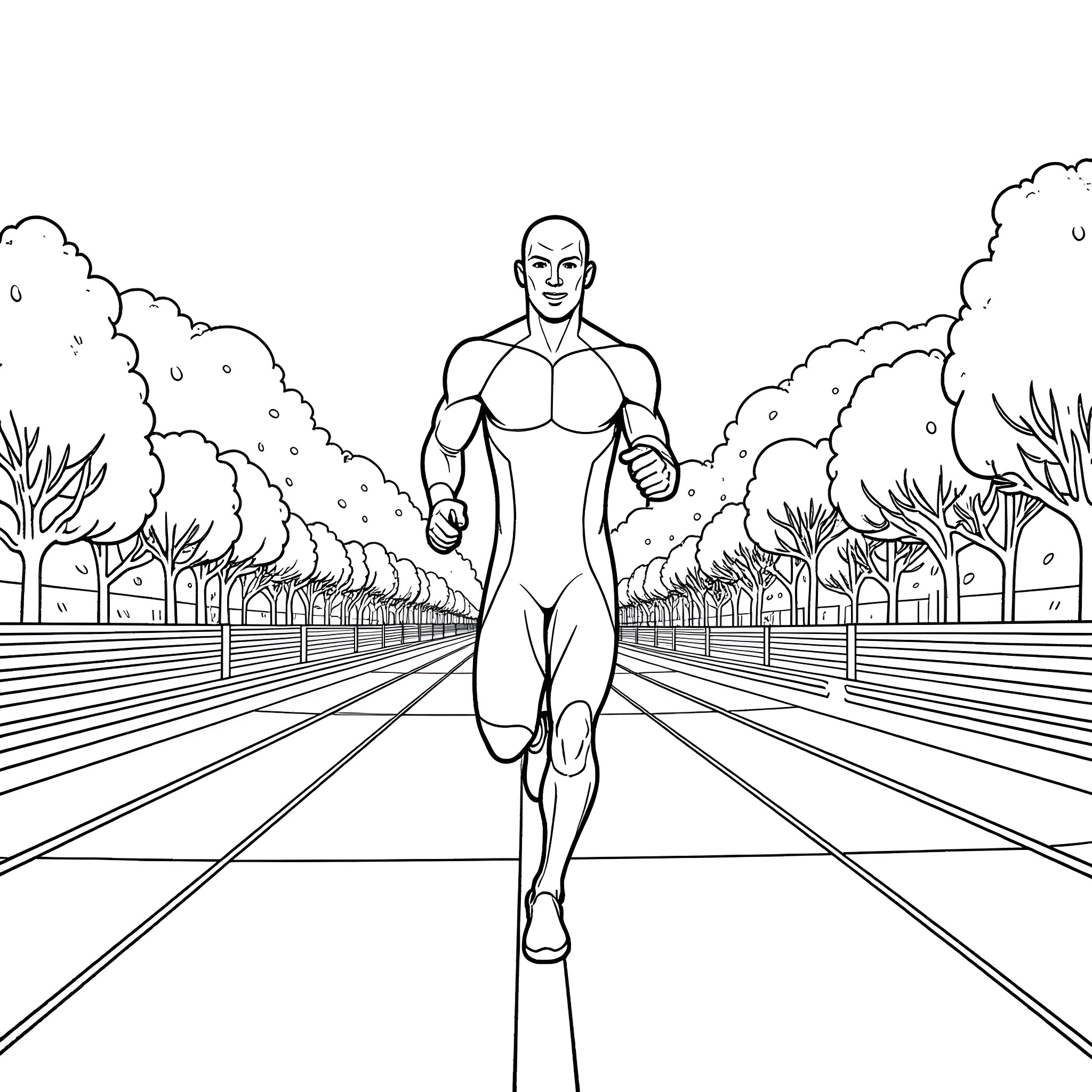 Ironman running on futuristic highway Coloring Page (free black-and-white line drawing printable PDF for all, from beginners to advanced learners, including children, teens, adults, and seniors)