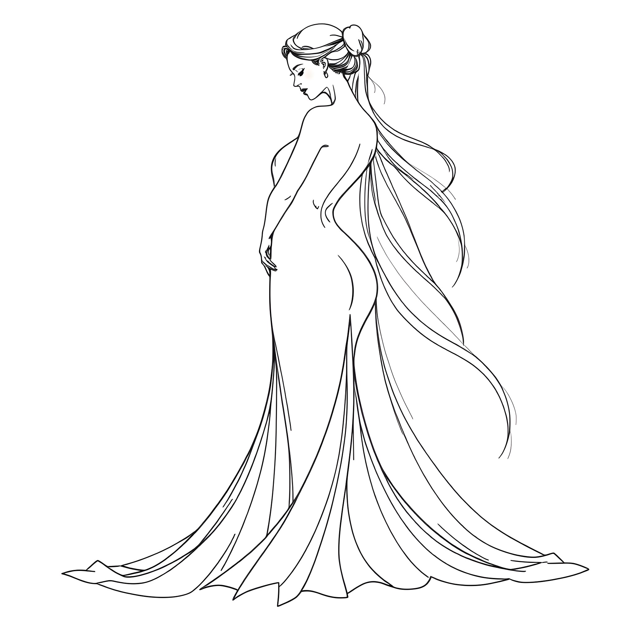 Woman in elegant flowing dress with floral headpiece Coloring Page (free black-and-white line drawing printable PDF for all, from beginners to advanced learners, including children, teens, adults, and seniors)