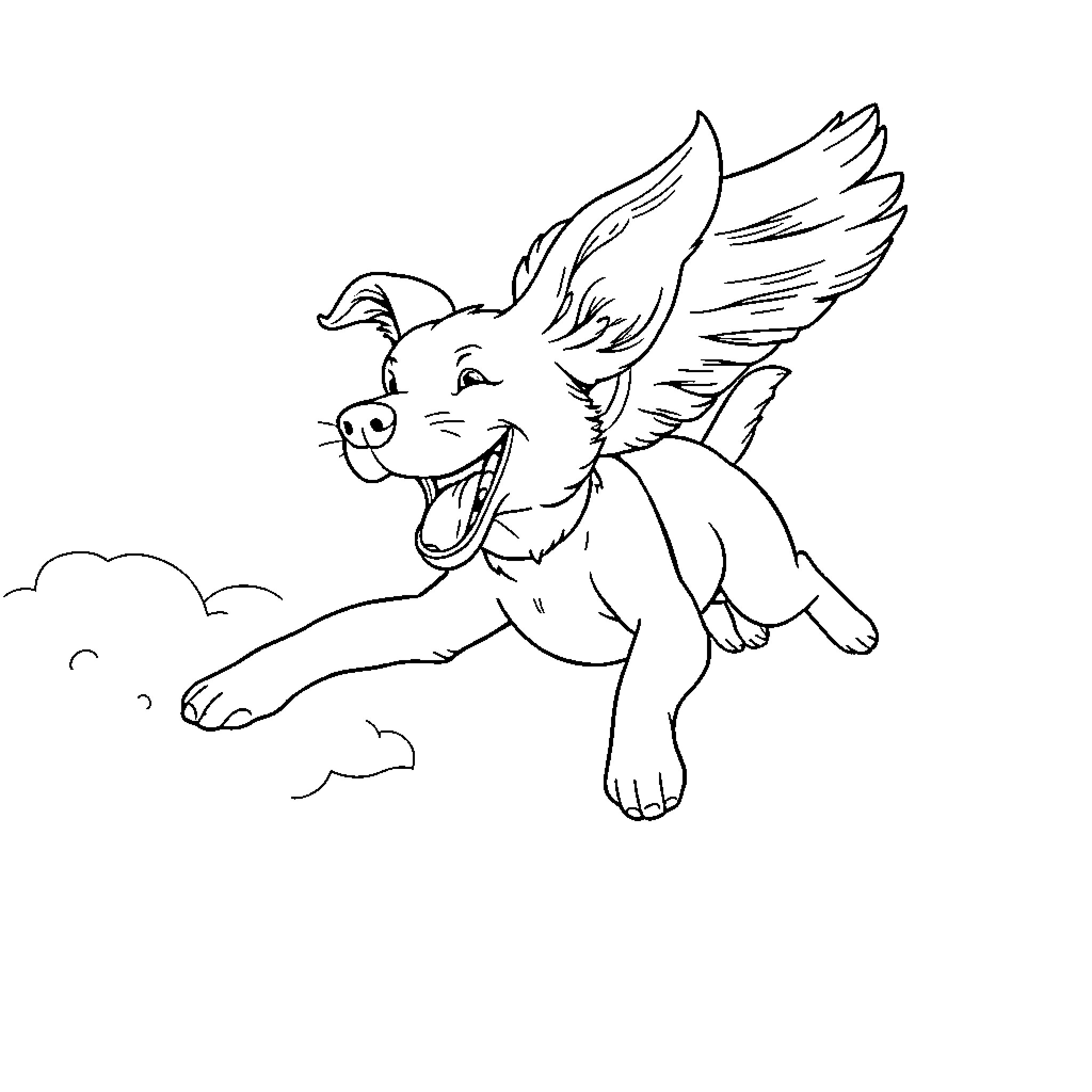 Flying Dog with Joyful Expression Coloring Page (free black-and-white line drawing printable PDF for all, from beginners to advanced learners, including children, teens, adults, and seniors)