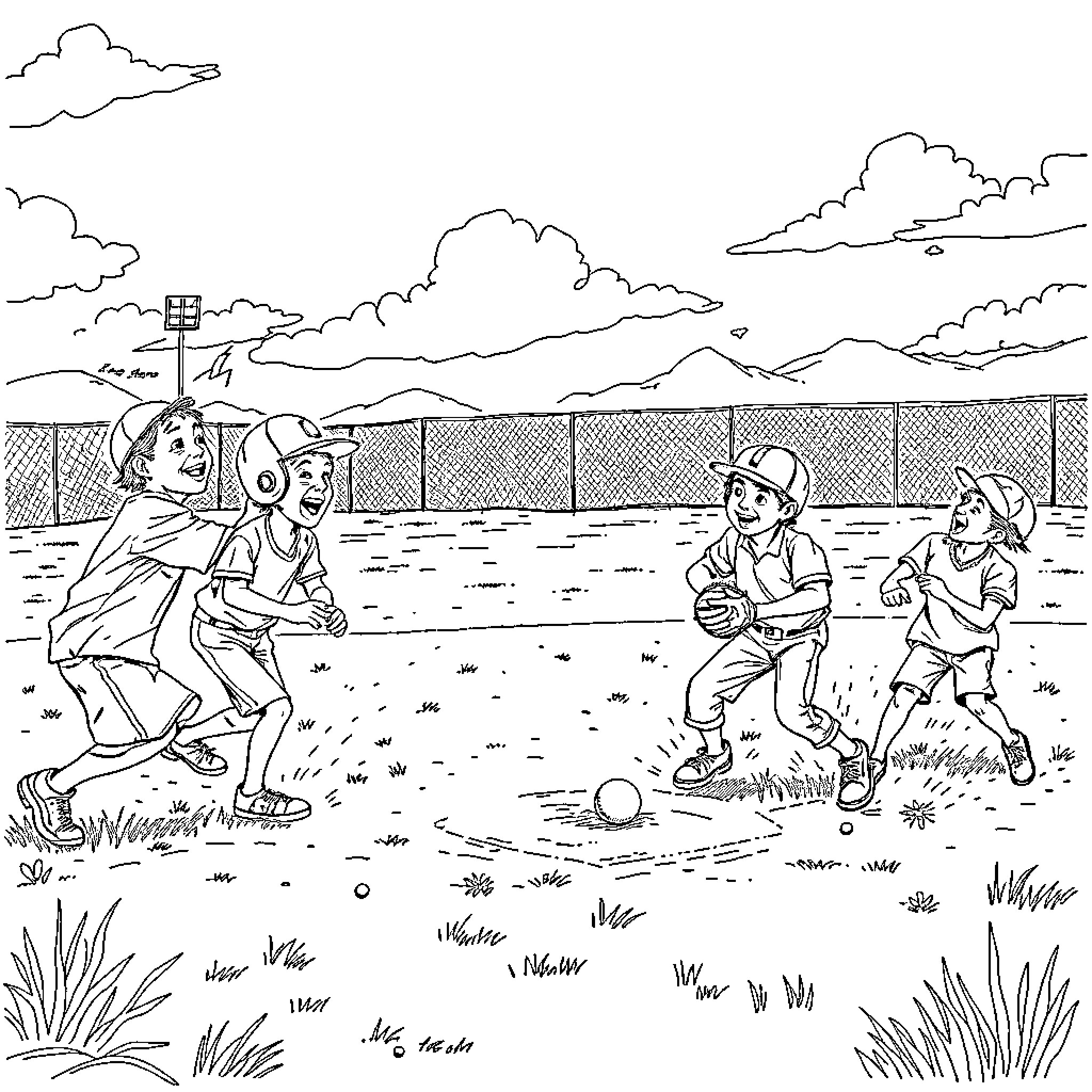 Baseball players on the field in an outdoor game Coloring Page (free black-and-white line drawing printable PDF for all, from beginners to advanced learners, including children, teens, adults, and seniors)