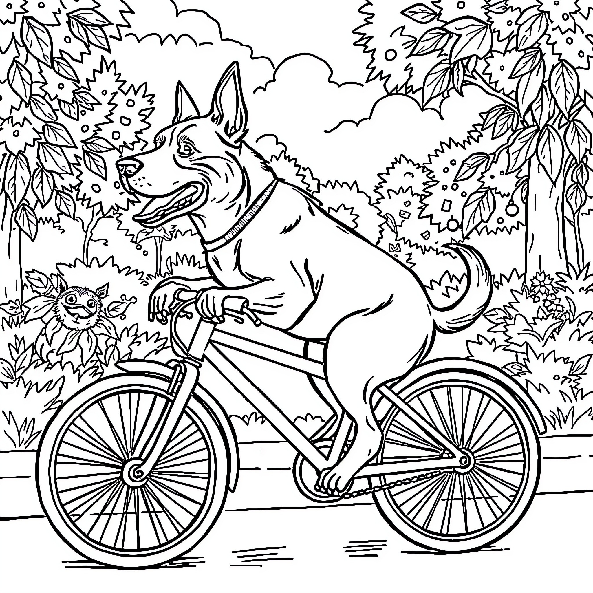 Perro riding a bicycle in a nature scene Coloring Page (free black-and-white line drawing printable PDF for all, from beginners to advanced learners, including children, teens, adults, and seniors)