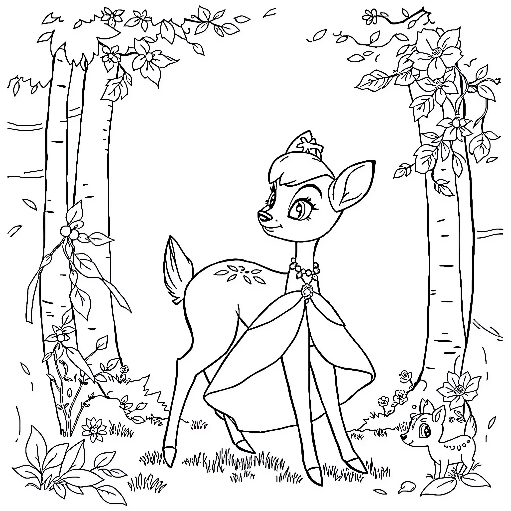 Snow White in a Magical Forest Landscape Coloring Page (free black-and-white line drawing printable PDF for all, from beginners to advanced learners, including children, teens, adults, and seniors)