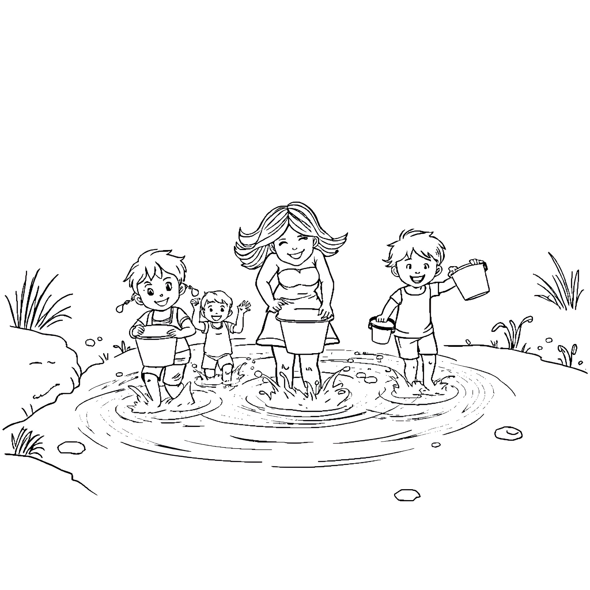 Mom and kids playing happily in the puddle Coloring Page (free black-and-white line drawing printable PDF for all, from beginners to advanced learners, including children, teens, adults, and seniors)