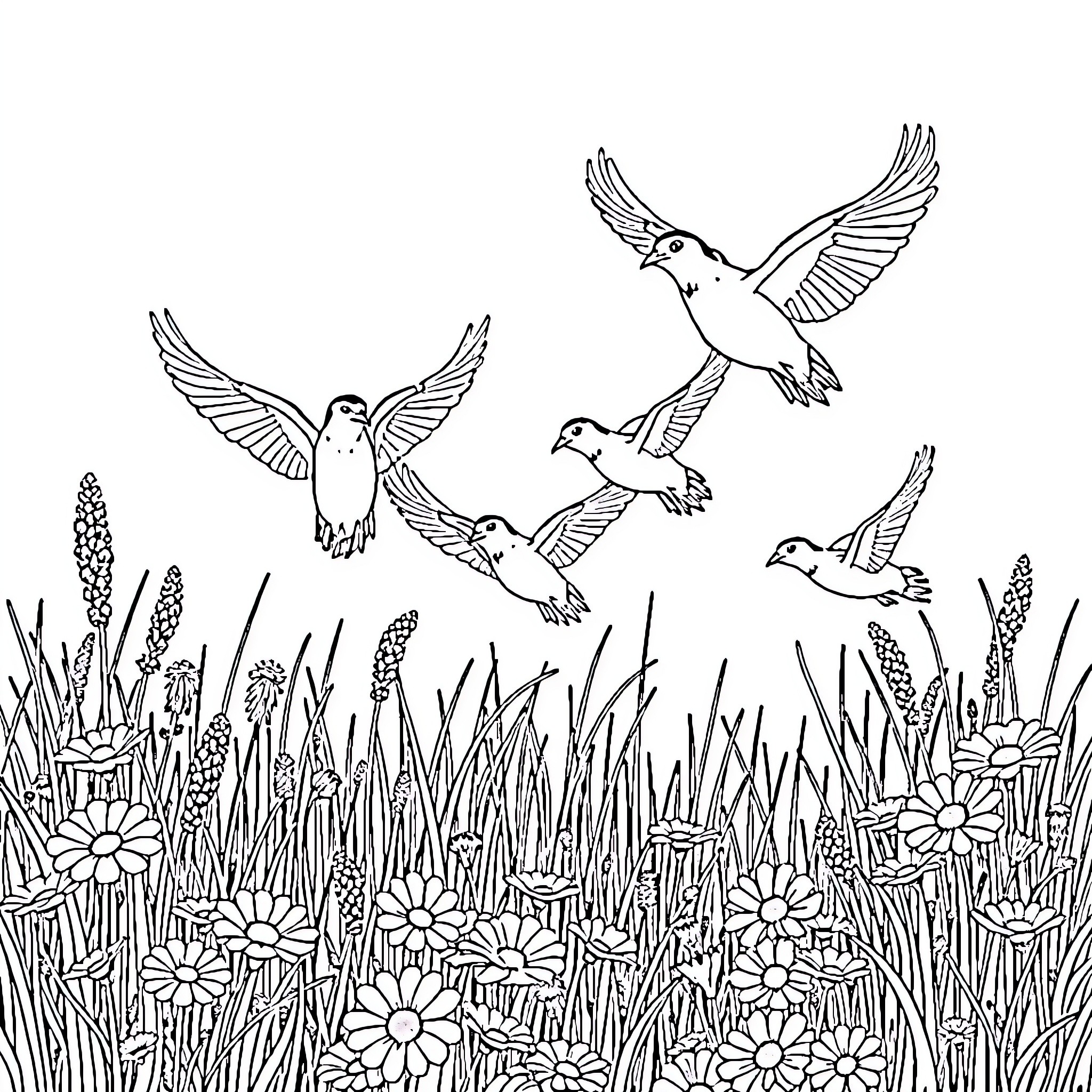 Quail Flock Soaring Through Floral Meadow Coloring Page (free black-and-white line drawing printable PDF for all, from beginners to advanced learners, including children, teens, adults, and seniors)