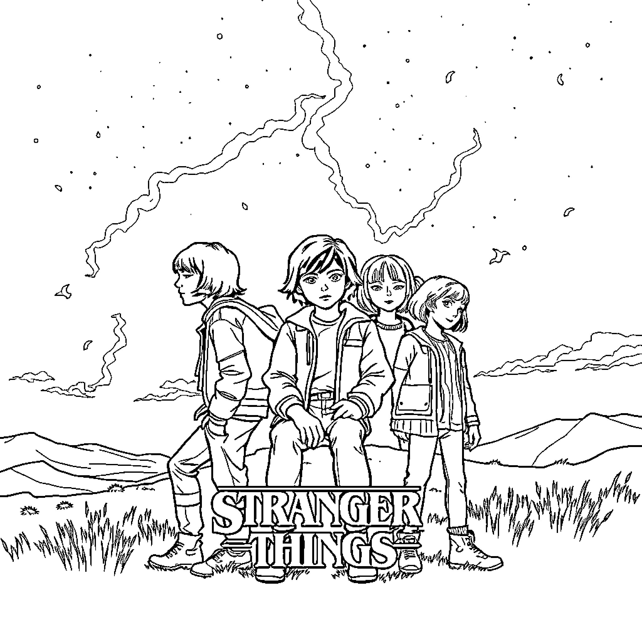 Stranger Things: Group of friends in the wilderness Coloring Page (free black-and-white line drawing printable PDF for all, from beginners to advanced learners, including children, teens, adults, and seniors)