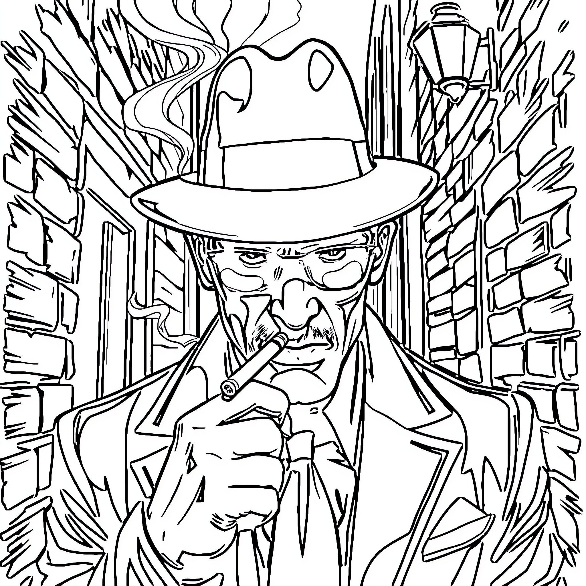 Gangster in Dramatic Pose on City Street Coloring Page (free black-and-white line drawing printable PDF for all, from beginners to advanced learners, including children, teens, adults, and seniors)