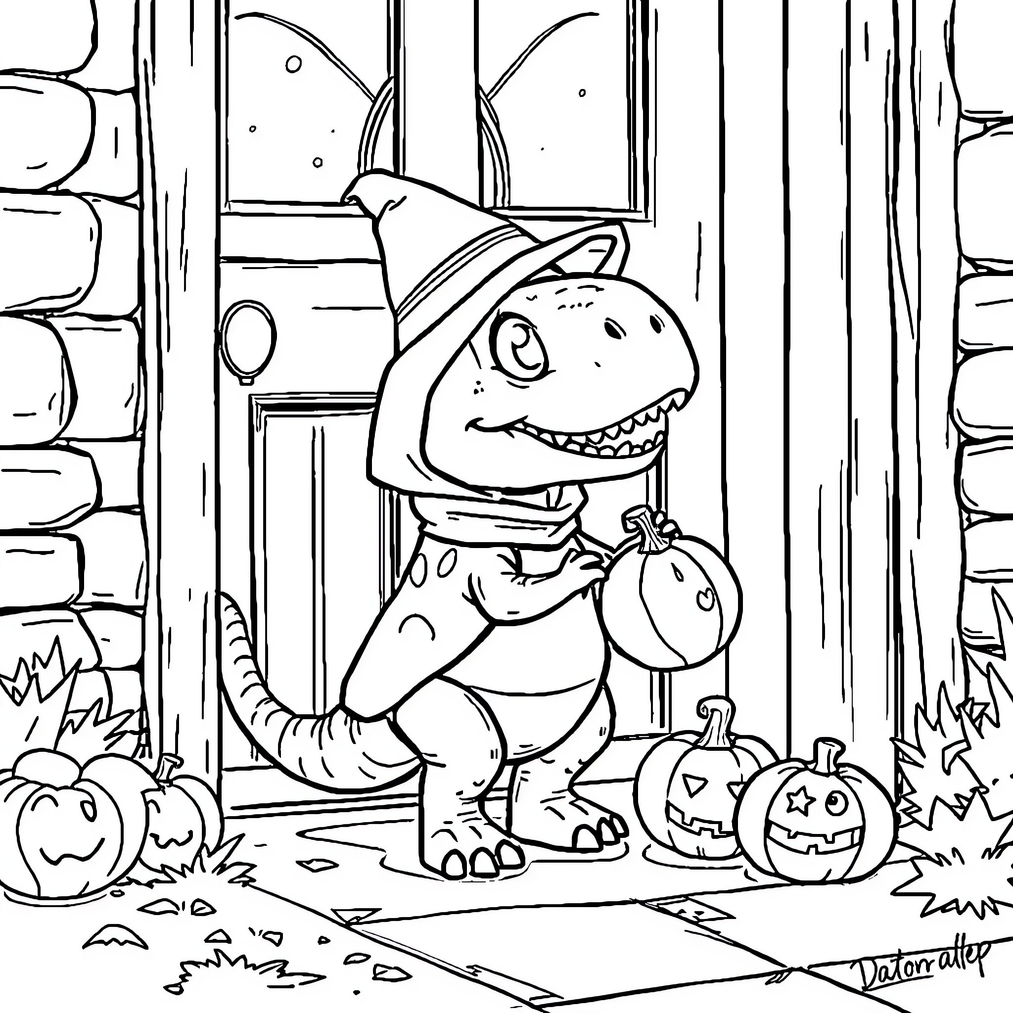 Dino Trick-or-Treating on Halloween Night Coloring Page (free black-and-white line drawing printable PDF for all, from beginners to advanced learners, including children, teens, adults, and seniors)