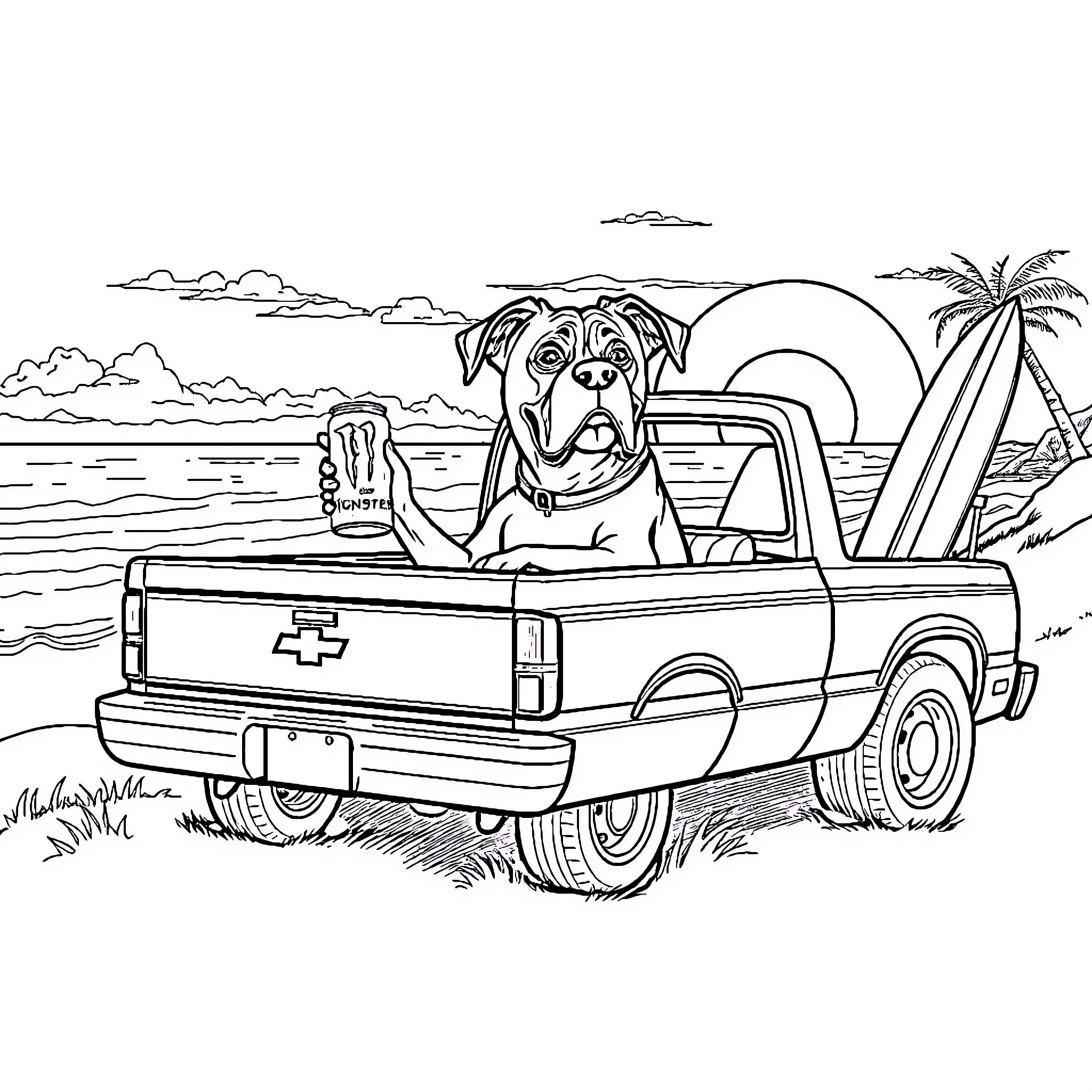 Boxer dog driving vintage truck on tropical beach Coloring Page (free black-and-white line drawing printable PDF for all, from beginners to advanced learners, including children, teens, adults, and seniors)