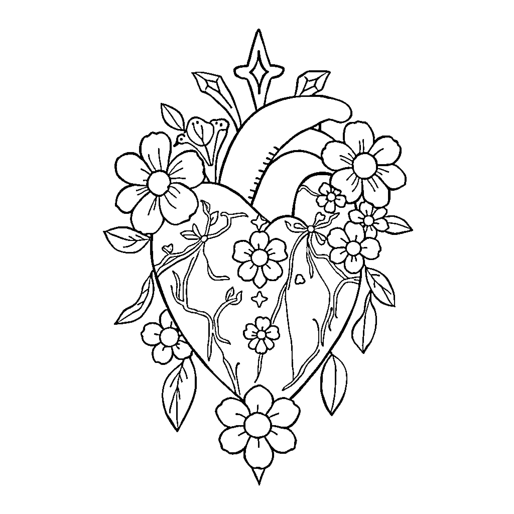 Sacred Heart adorned with floral arrangements Coloring Page (free black-and-white line drawing printable PDF for all, from beginners to advanced learners, including children, teens, adults, and seniors)