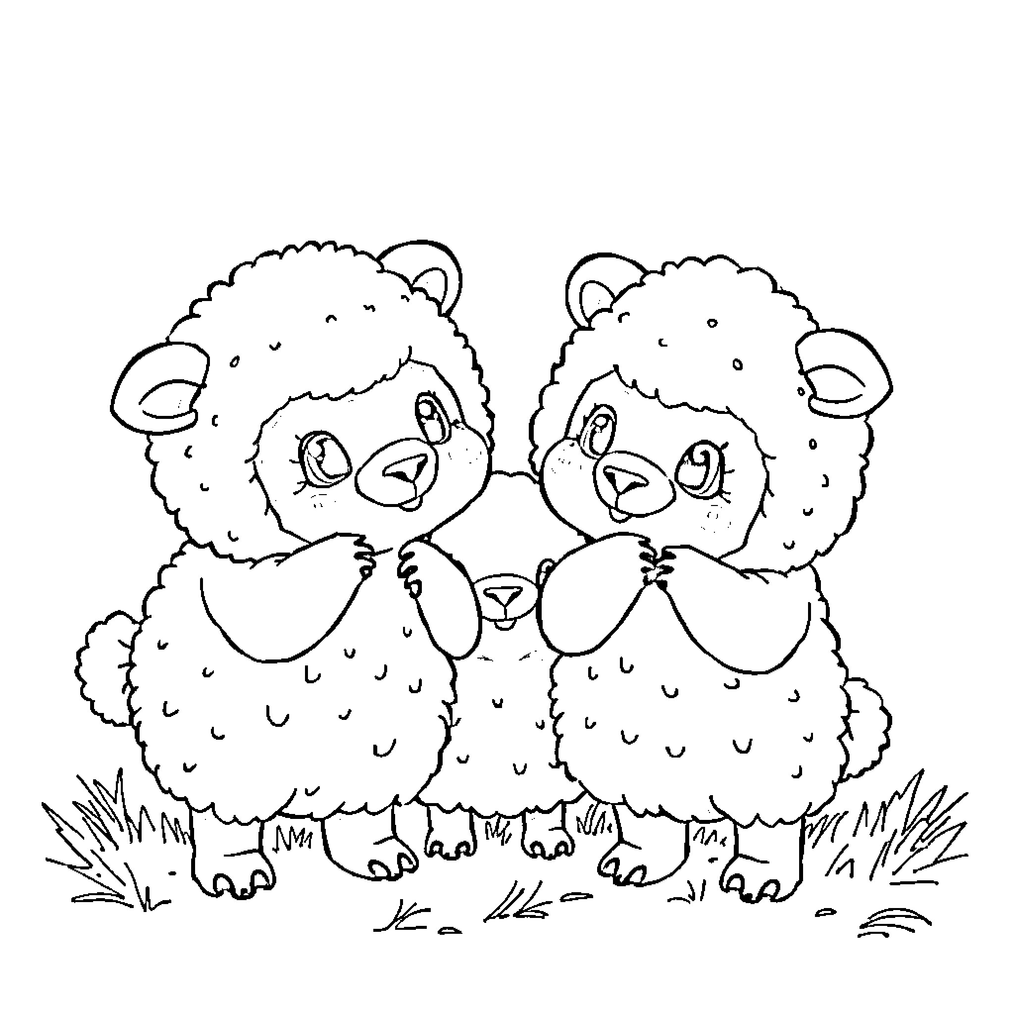 Labubu Lambs Cuddling Playfully in Meadow Coloring Page (free black-and-white line drawing printable PDF for all, from beginners to advanced learners, including children, teens, adults, and seniors)