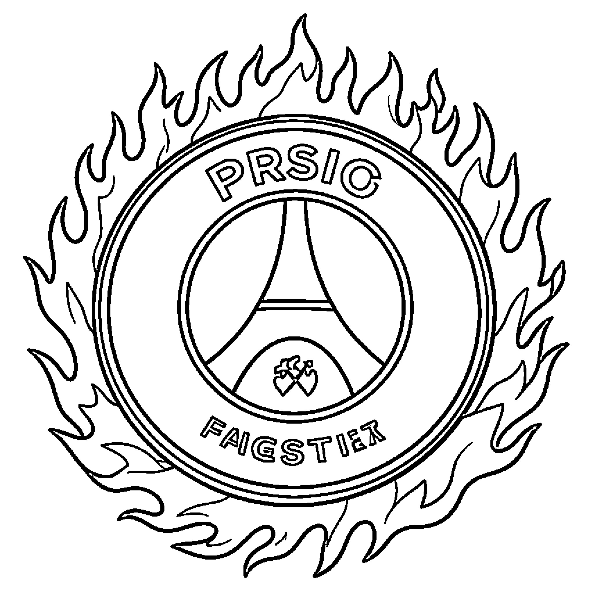 PSG logo featuring a central tower and surrounding flames Coloring Page (free black-and-white line drawing printable PDF for all, from beginners to advanced learners, including children, teens, adults, and seniors)
