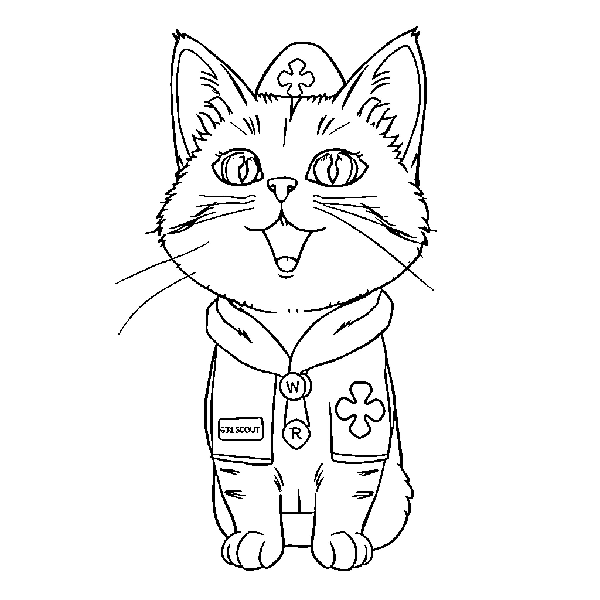 Cat dressed as a scout with a clover hat Coloring Page (free black-and-white line drawing printable PDF for all, from beginners to advanced learners, including children, teens, adults, and seniors)