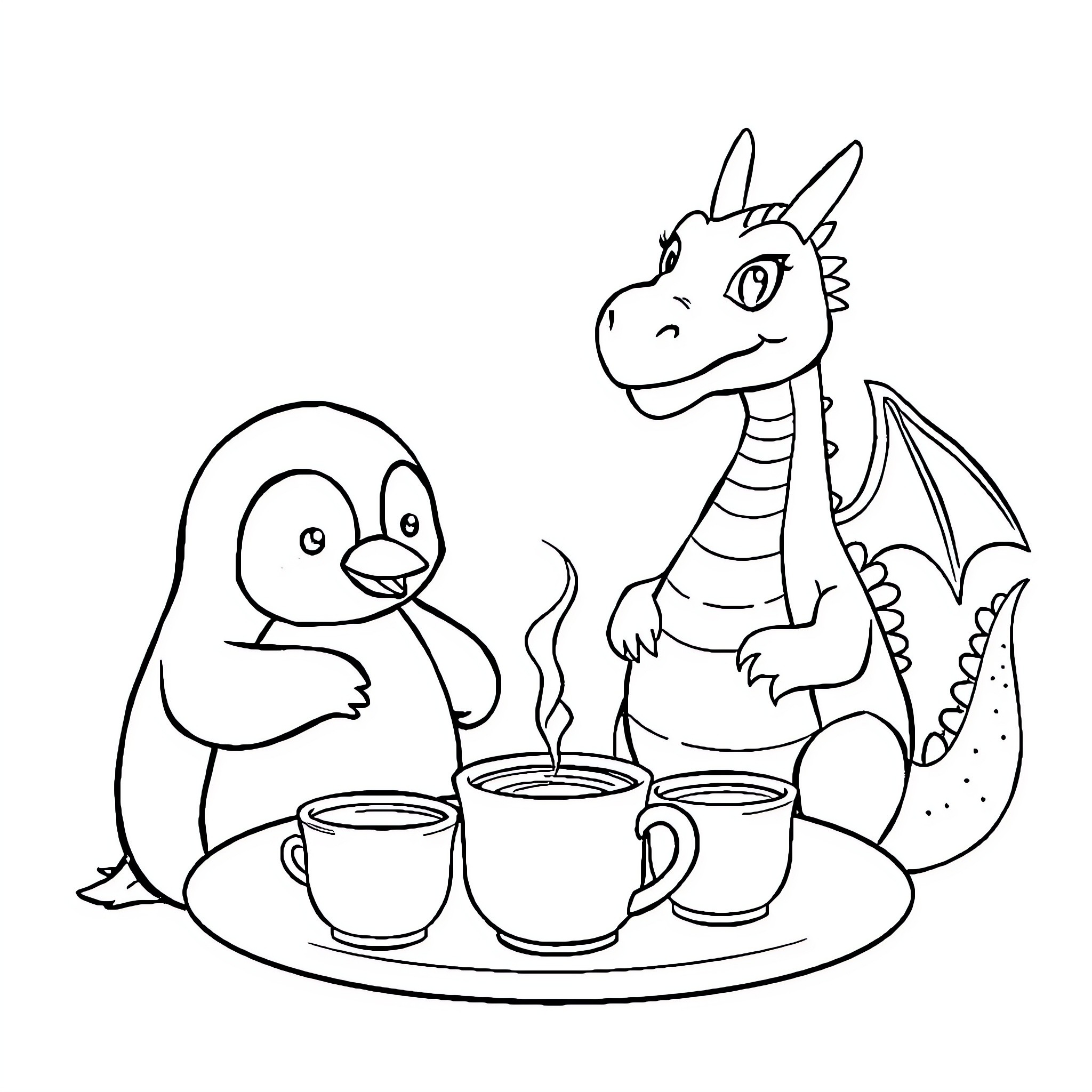 Penguin and dragon sharing coffee Coloring Page (free black-and-white line drawing printable PDF for all, from beginners to advanced learners, including children, teens, adults, and seniors)