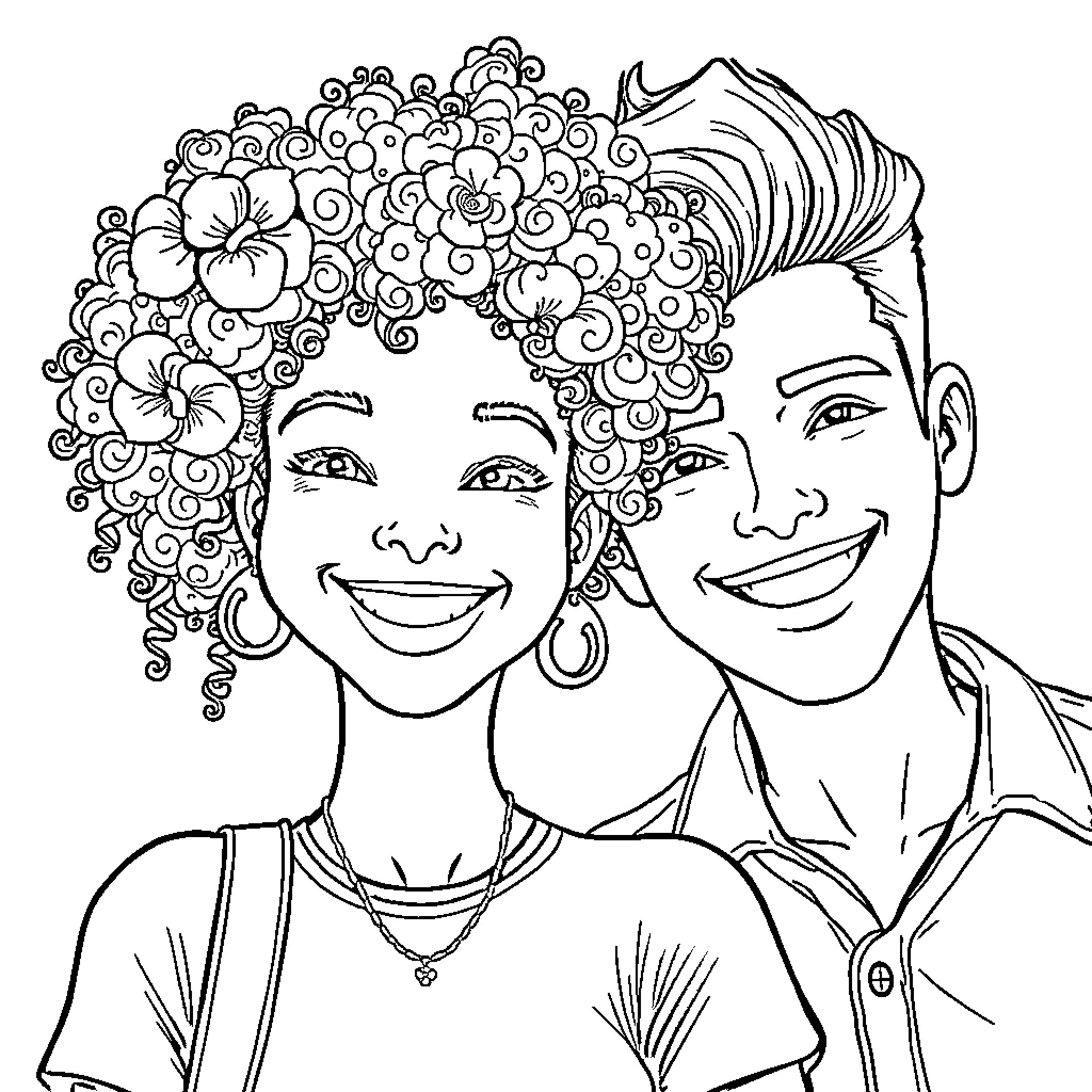 Girl with Floral Headpiece and Joyful Companion Coloring Page (free black-and-white line drawing printable PDF for all, from beginners to advanced learners, including children, teens, adults, and seniors)