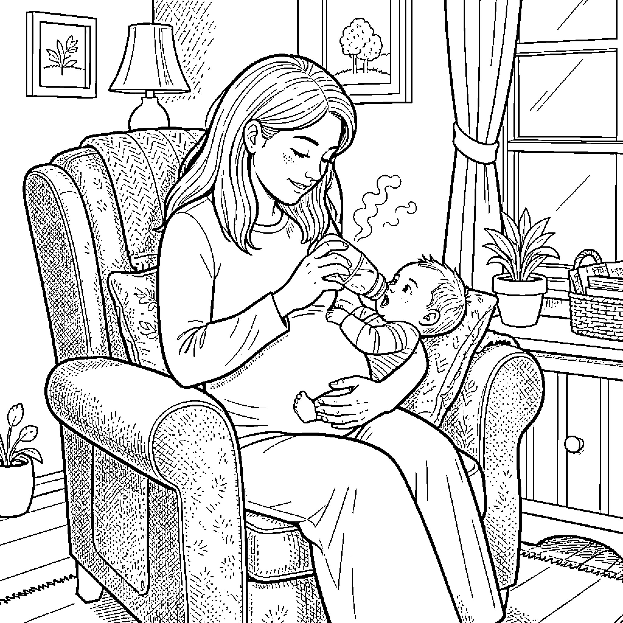 Lady caring for her child in a cozy home Coloring Page (free black-and-white line drawing printable PDF for all, from beginners to advanced learners, including children, teens, adults, and seniors)