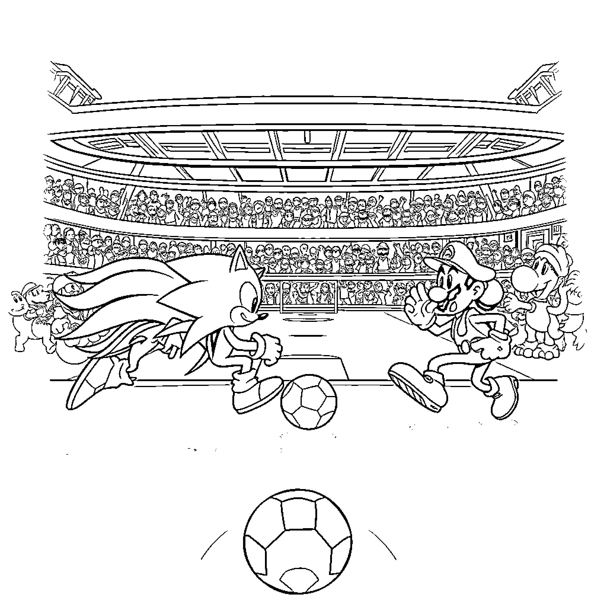Sonic and Mario playing soccer in a stadium Coloring Page (free black-and-white line drawing printable PDF for all, from beginners to advanced learners, including children, teens, adults, and seniors)
