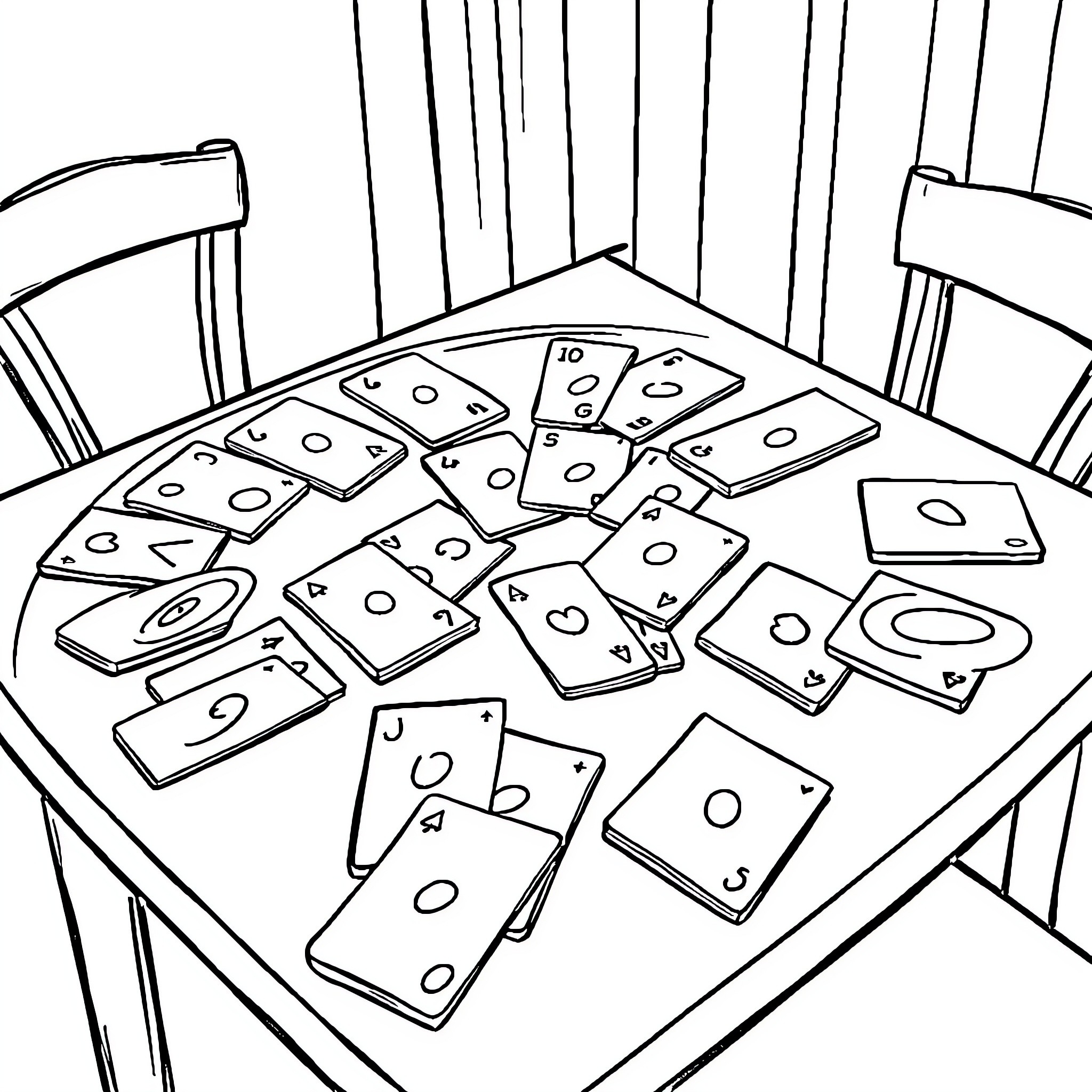 Uno Game Cards Scattered on Table Coloring Page (free black-and-white line drawing printable PDF for all, from beginners to advanced learners, including children, teens, adults, and seniors)