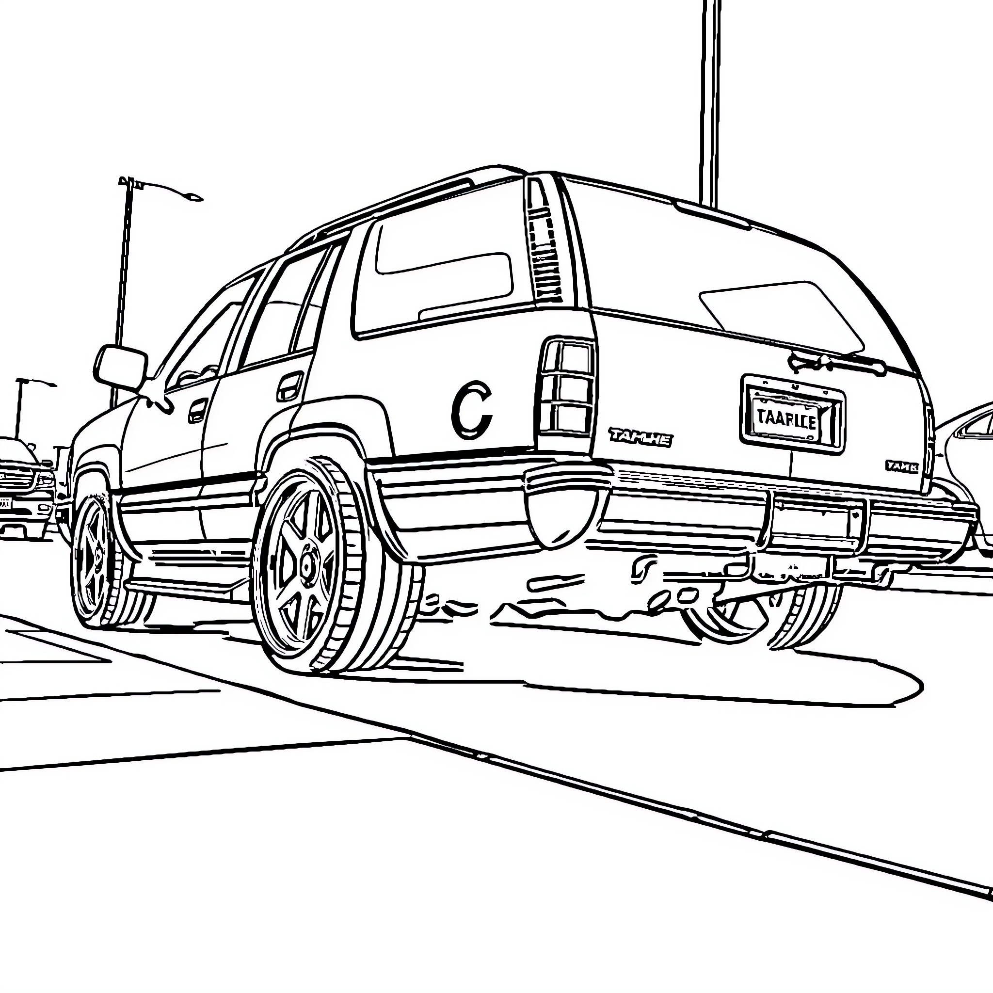 Tahoe SUV on the road Coloring Page (free black-and-white line drawing printable PDF for all, from beginners to advanced learners, including children, teens, adults, and seniors)