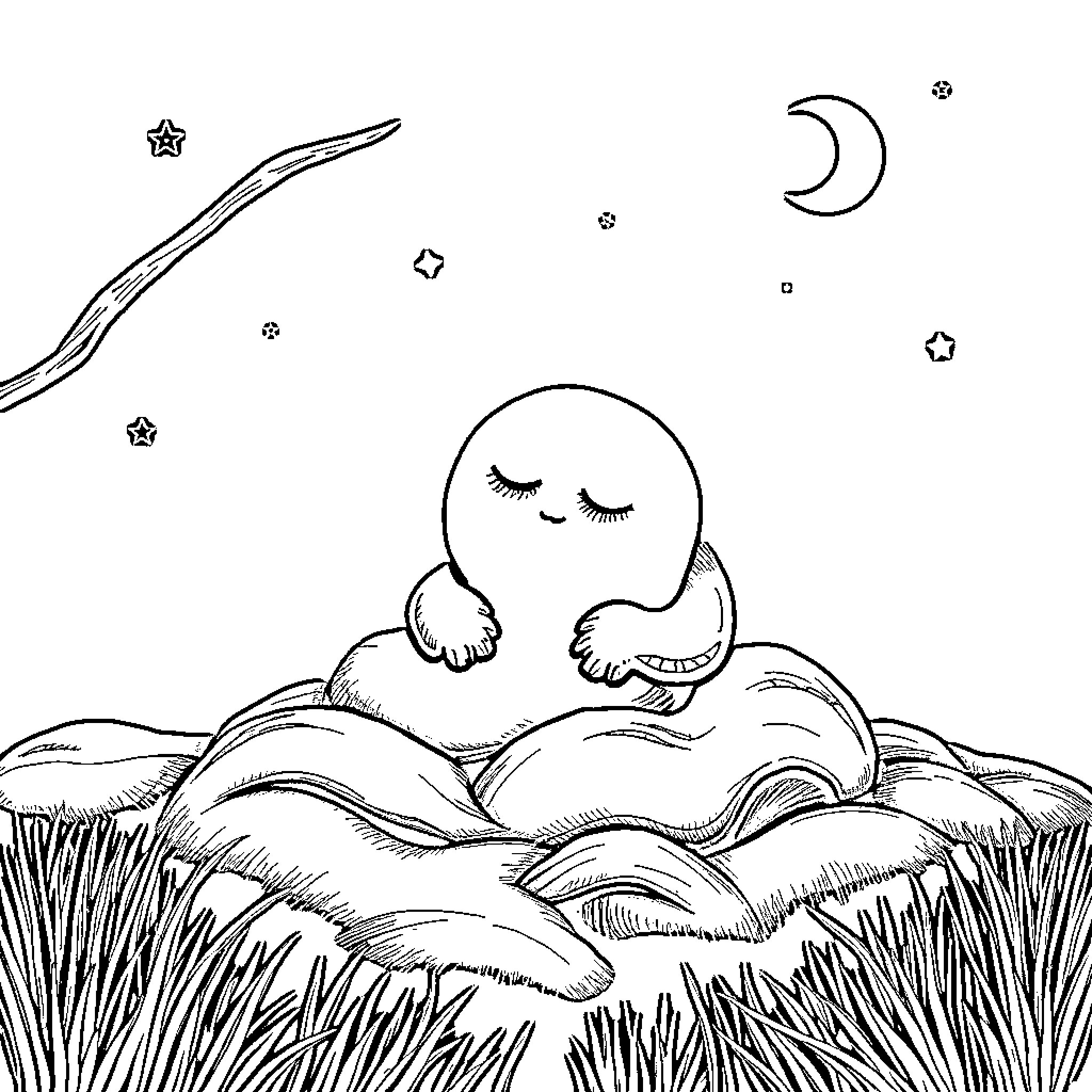 Sleep Token snoozing peacefully under the night sky Coloring Page (free black-and-white line drawing printable PDF for all, from beginners to advanced learners, including children, teens, adults, and seniors)