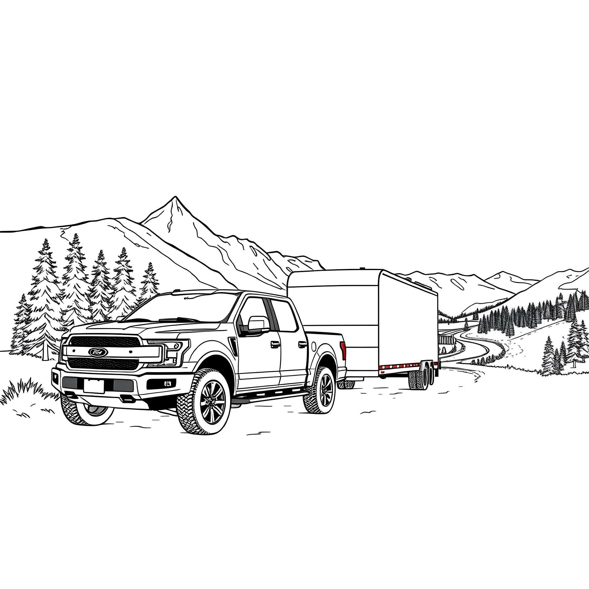 Pickup Truck Hauling Trailer Through Scenic Mountain Landscape Coloring Page (free black-and-white line drawing printable PDF for all, from beginners to advanced learners, including children, teens, adults, and seniors)